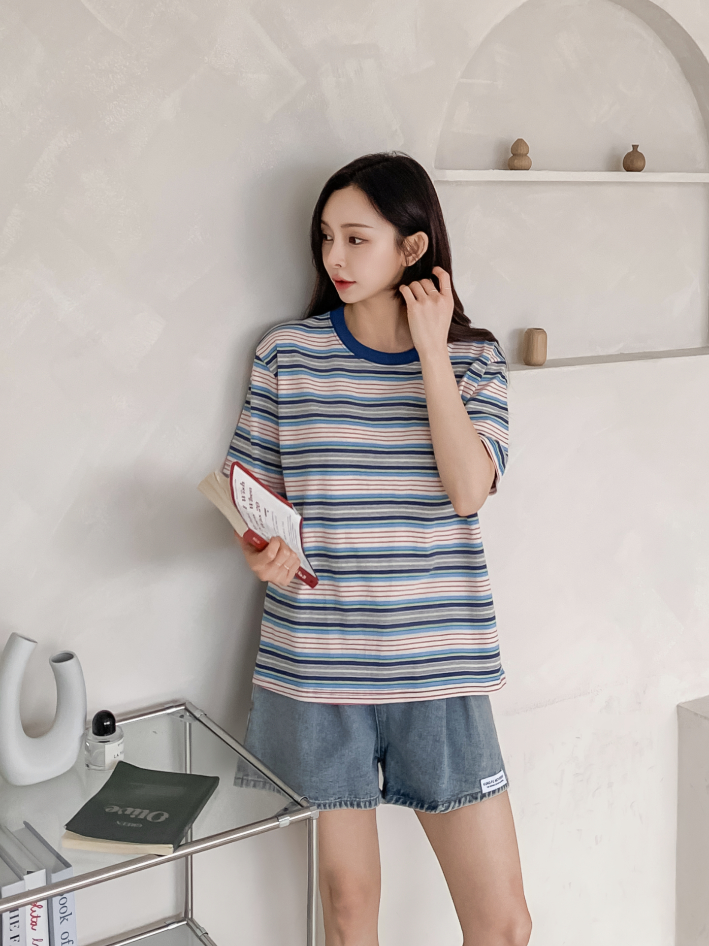 コットンラウンドネックオーバーサイズルーズ半袖ボーダーTシャツ | 詳細画像10