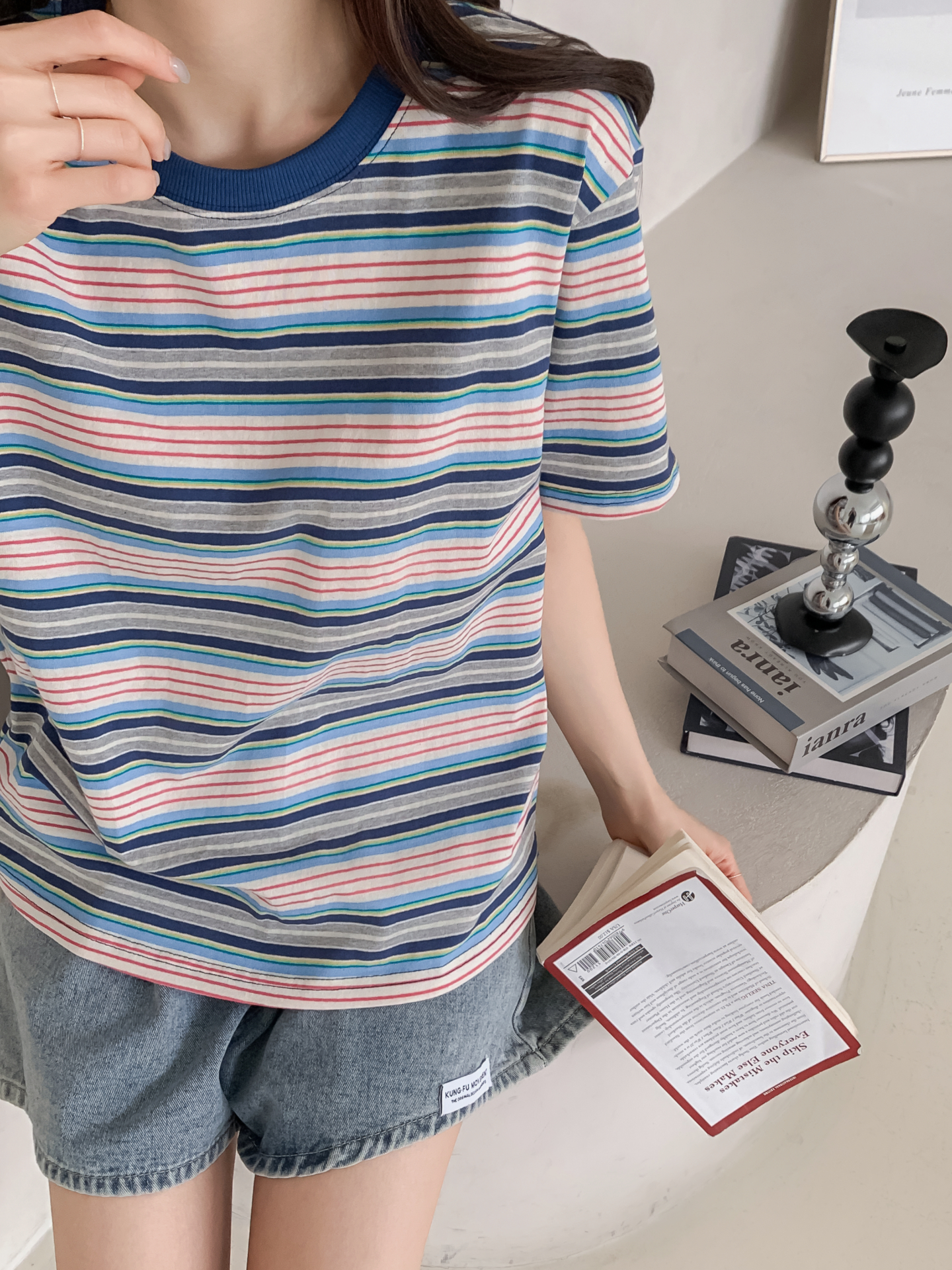 コットンラウンドネックオーバーサイズルーズ半袖ボーダーTシャツ | 詳細画像12