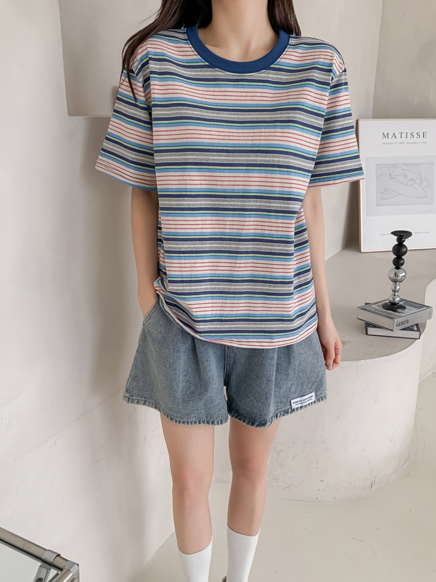 コットンラウンドネックオーバーサイズルーズ半袖ボーダーTシャツ | 詳細画像13