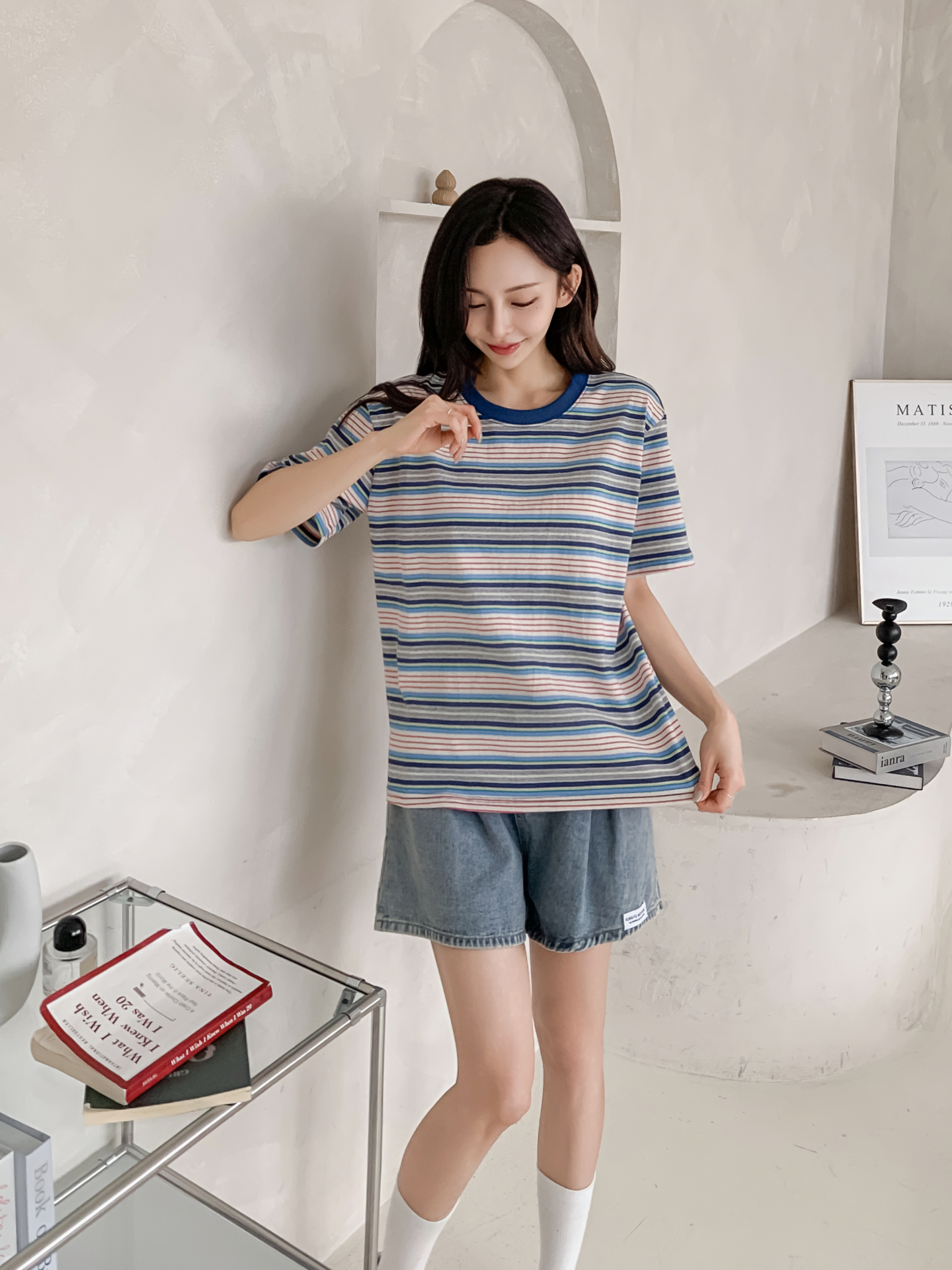 コットンラウンドネックオーバーサイズルーズ半袖ボーダーTシャツ | 詳細画像14