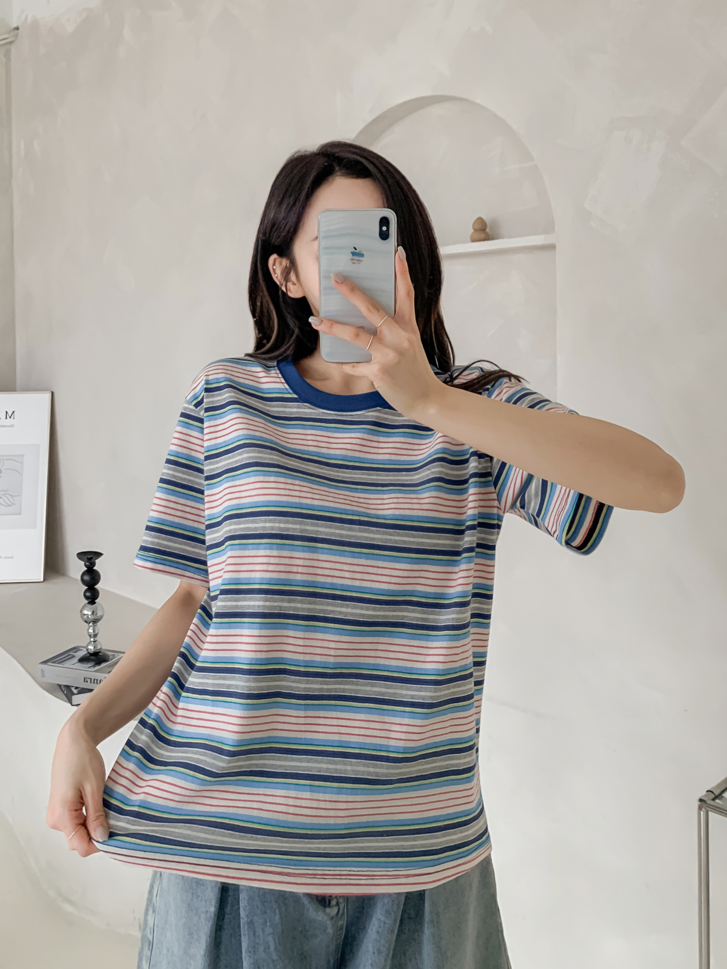 コットンラウンドネックオーバーサイズルーズ半袖ボーダーTシャツ | 詳細画像15