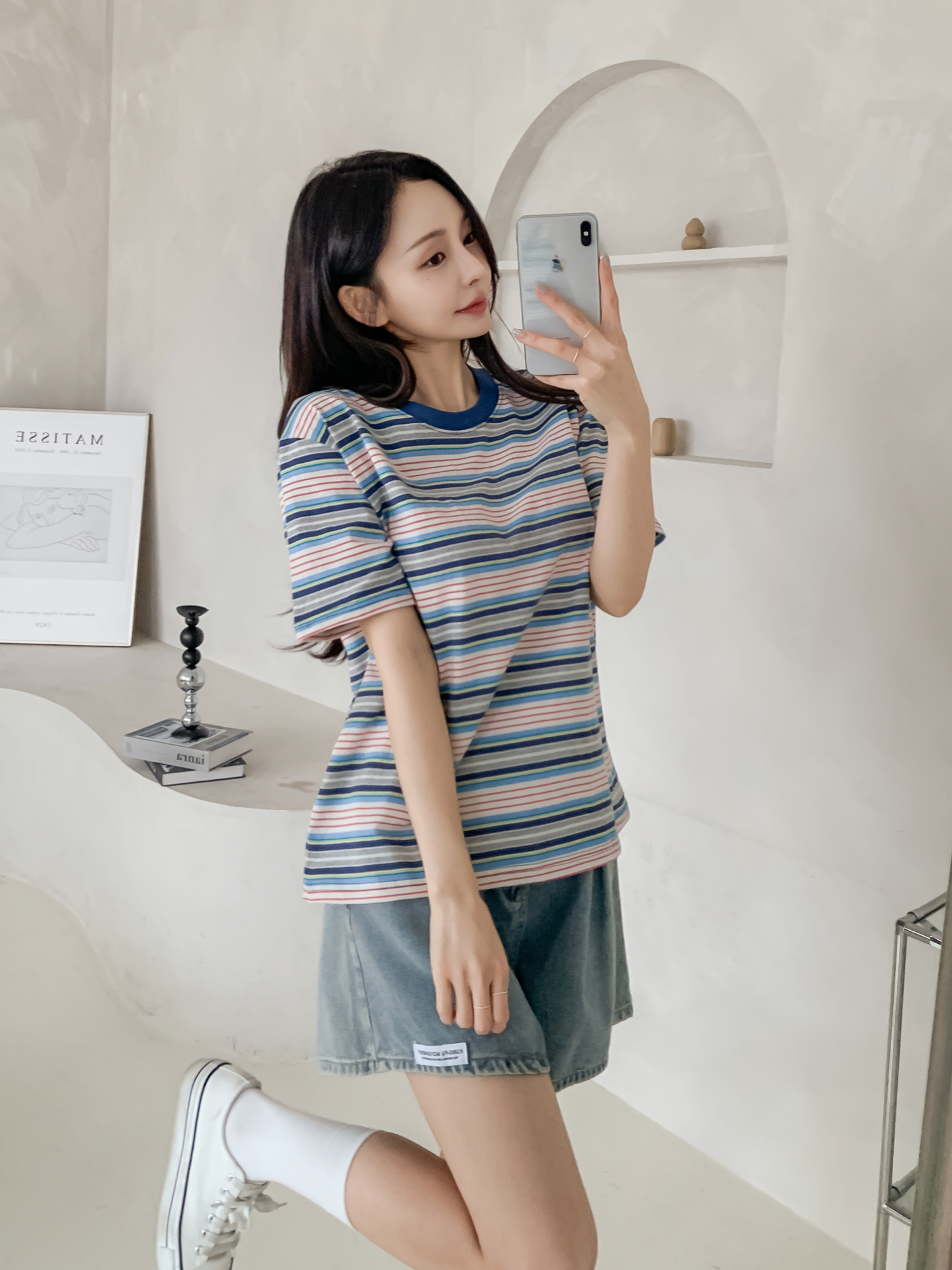 コットンラウンドネックオーバーサイズルーズ半袖ボーダーTシャツ | 詳細画像16