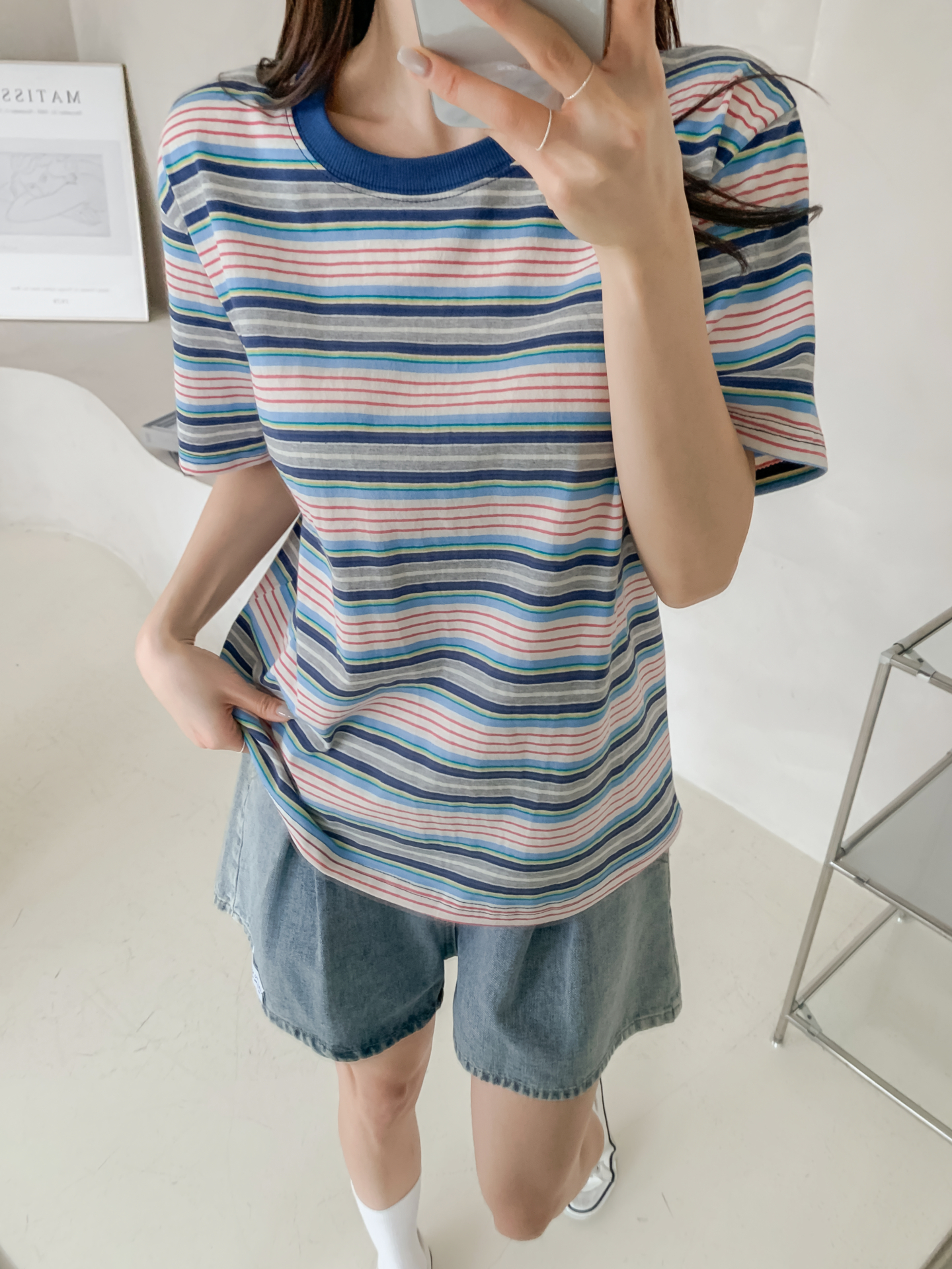 コットンラウンドネックオーバーサイズルーズ半袖ボーダーTシャツ | 詳細画像17