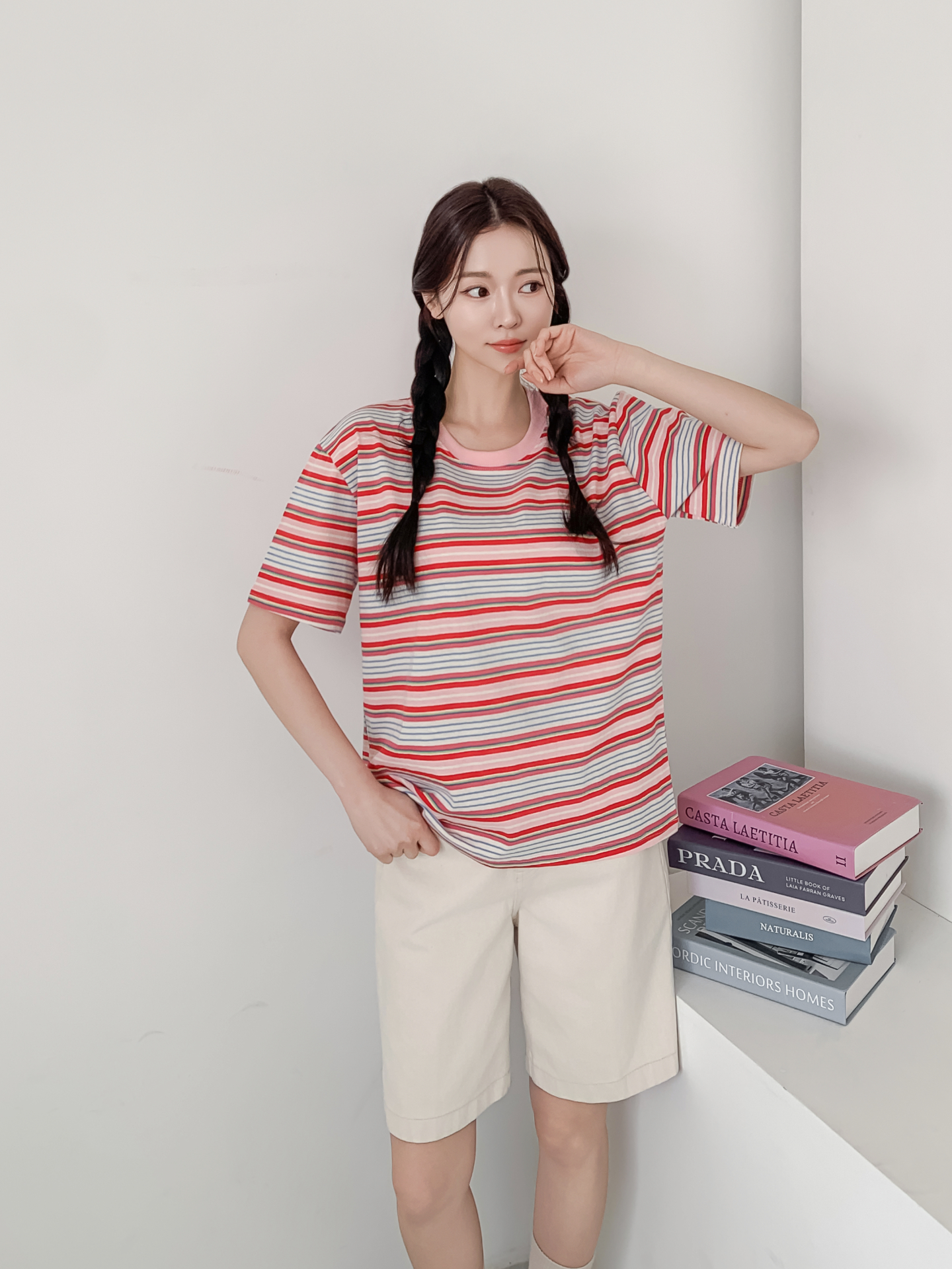 コットンラウンドネックオーバーサイズルーズ半袖ボーダーTシャツ | 詳細画像18