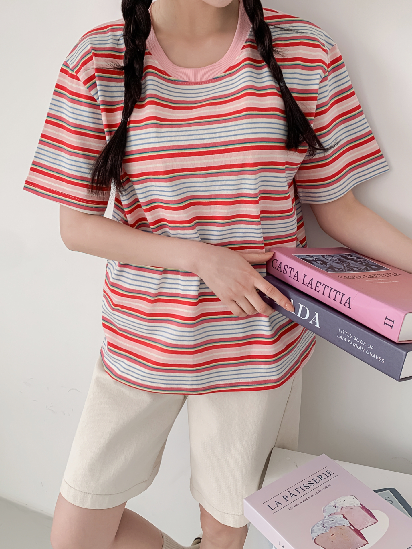 コットンラウンドネックオーバーサイズルーズ半袖ボーダーTシャツ | 詳細画像19