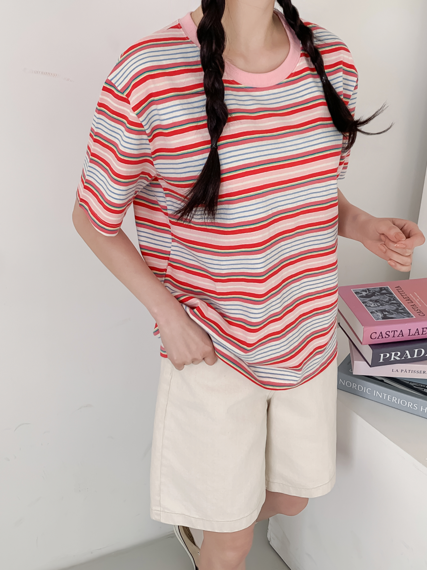 コットンラウンドネックオーバーサイズルーズ半袖ボーダーTシャツ | 詳細画像20