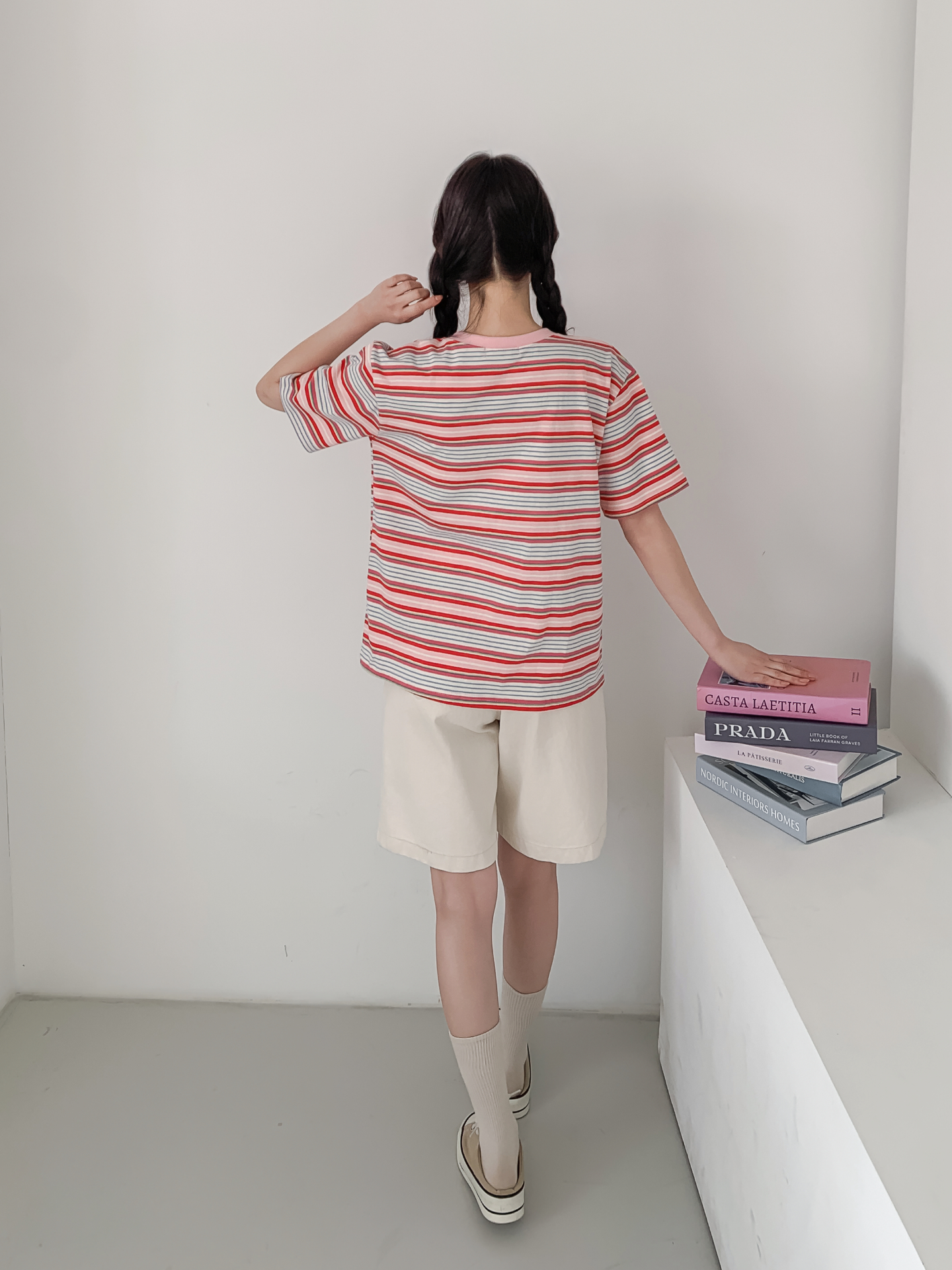 コットンラウンドネックオーバーサイズルーズ半袖ボーダーTシャツ | 詳細画像23