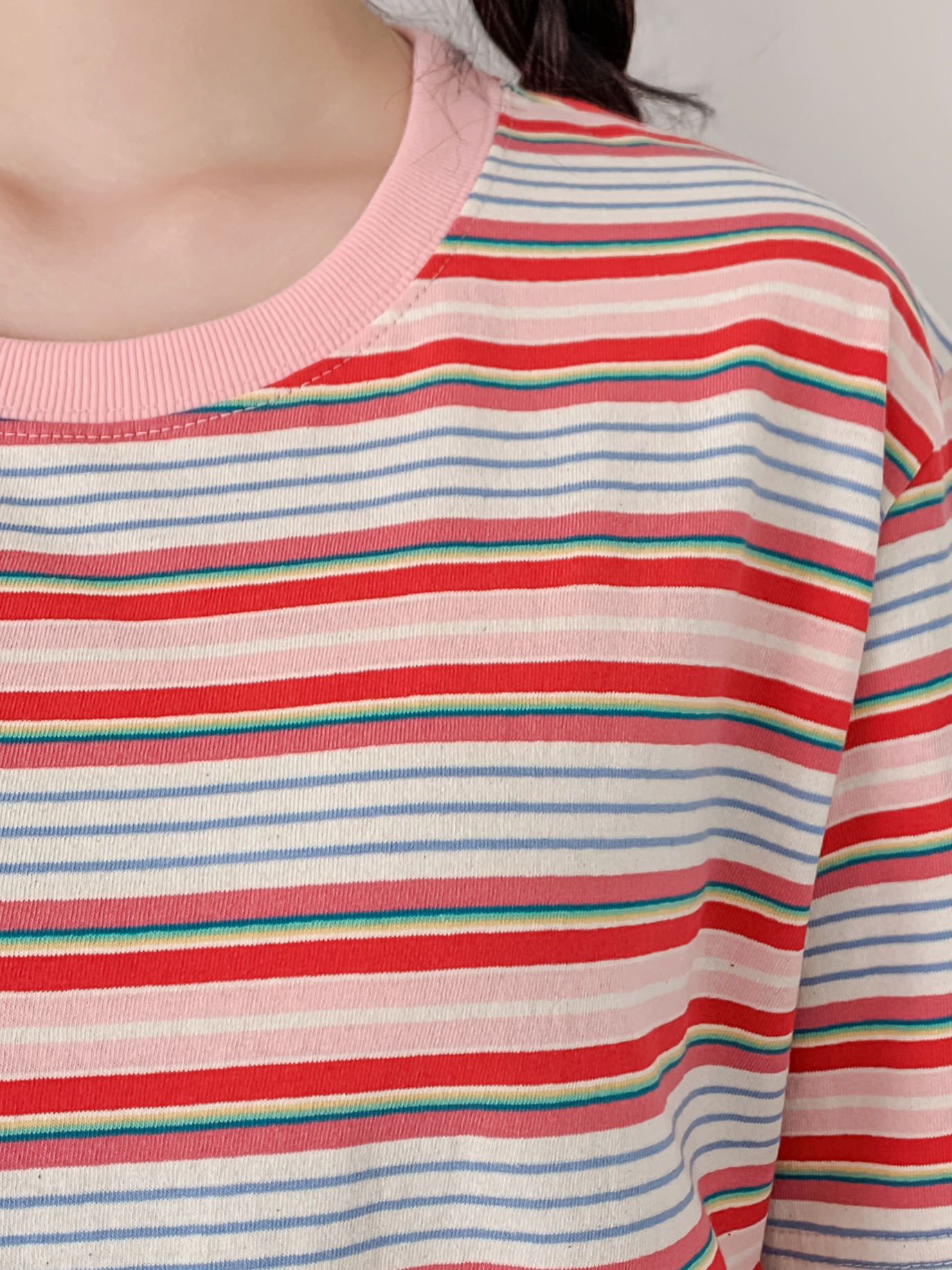 コットンラウンドネックオーバーサイズルーズ半袖ボーダーTシャツ | 詳細画像25