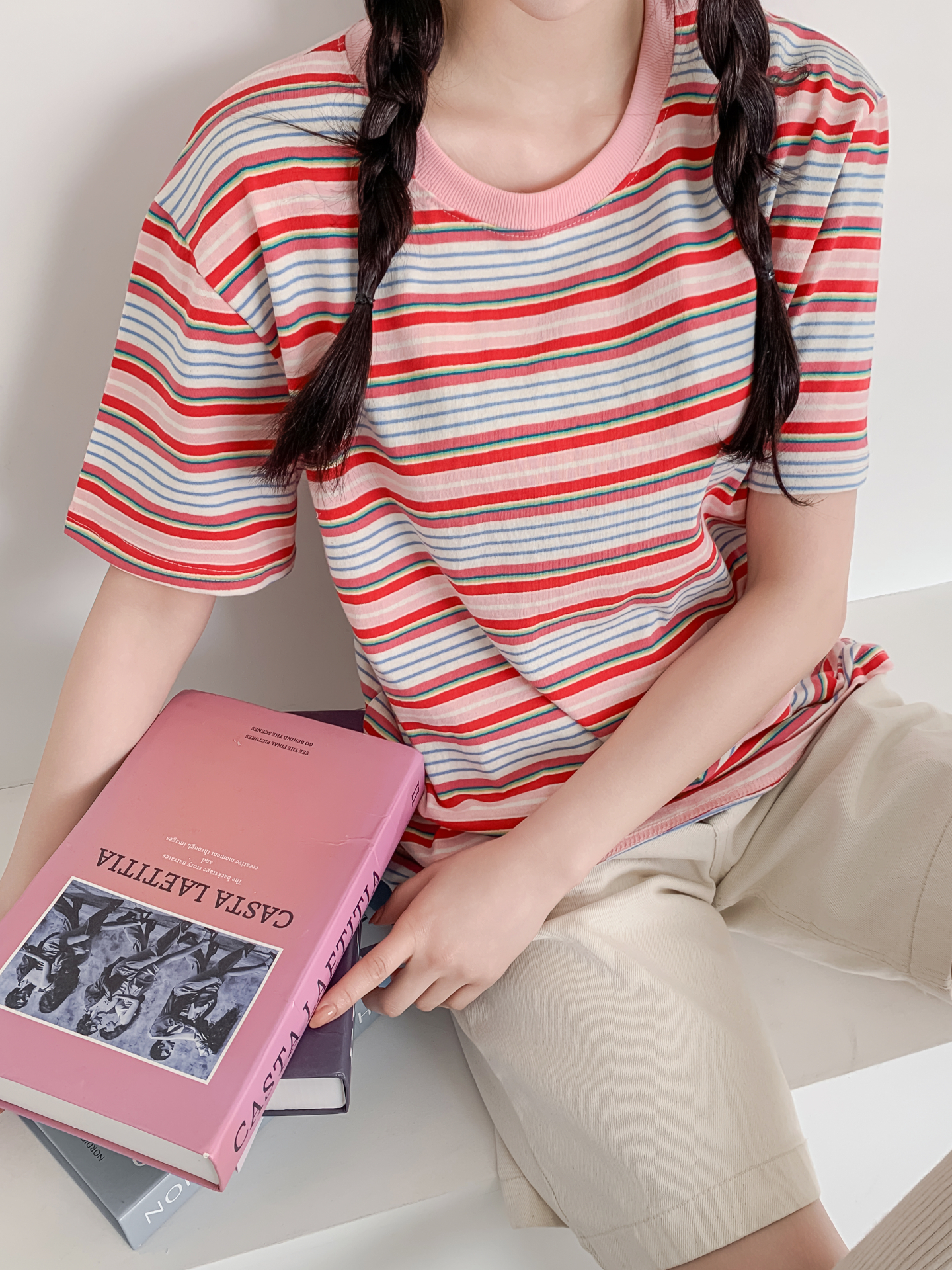 コットンラウンドネックオーバーサイズルーズ半袖ボーダーTシャツ | 詳細画像27