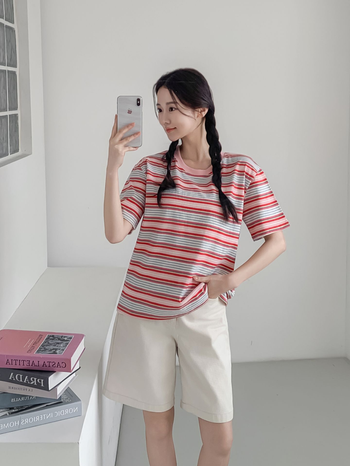 コットンラウンドネックオーバーサイズルーズ半袖ボーダーTシャツ | 詳細画像31