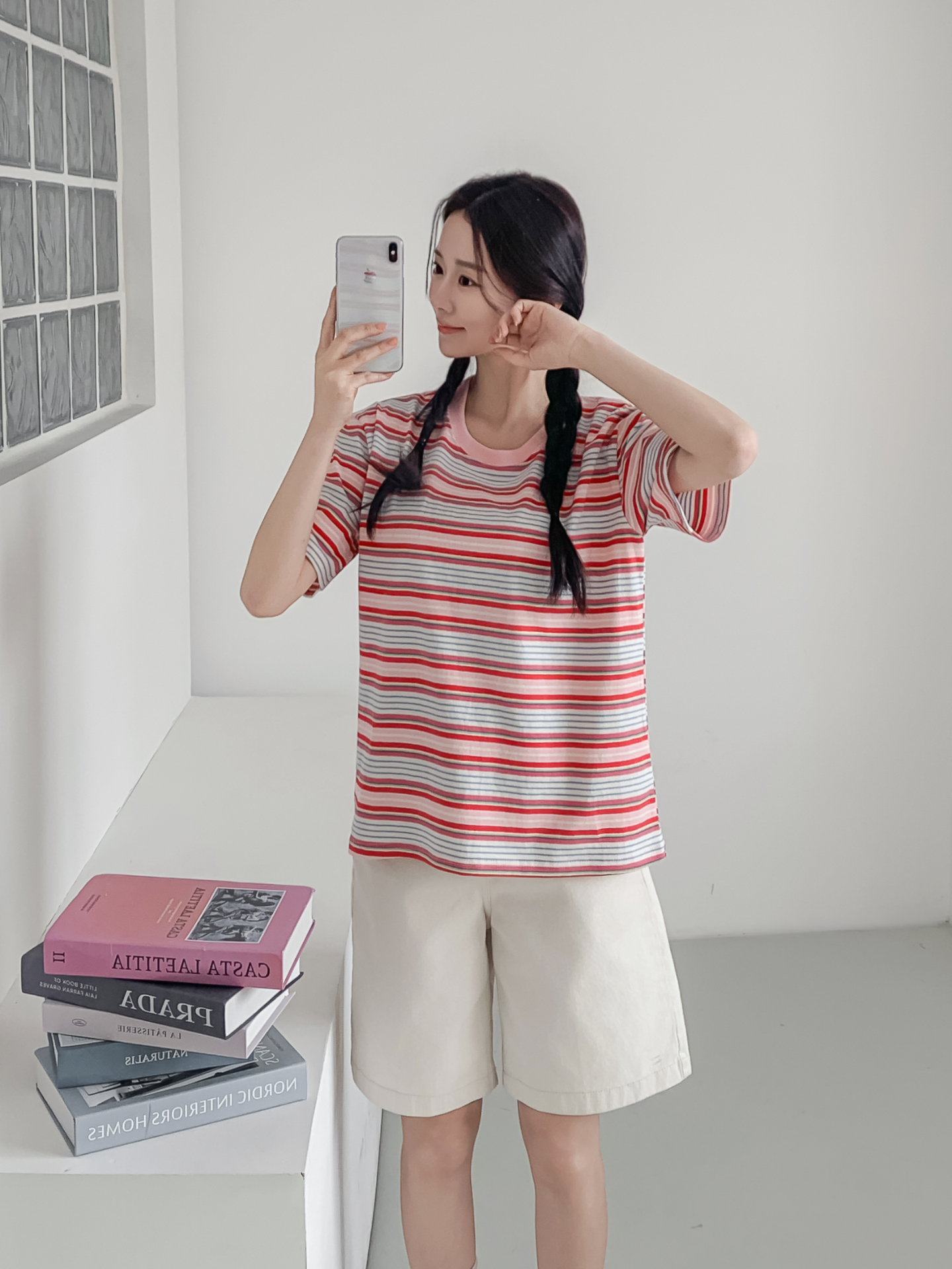 コットンラウンドネックオーバーサイズルーズ半袖ボーダーTシャツ | 詳細画像32