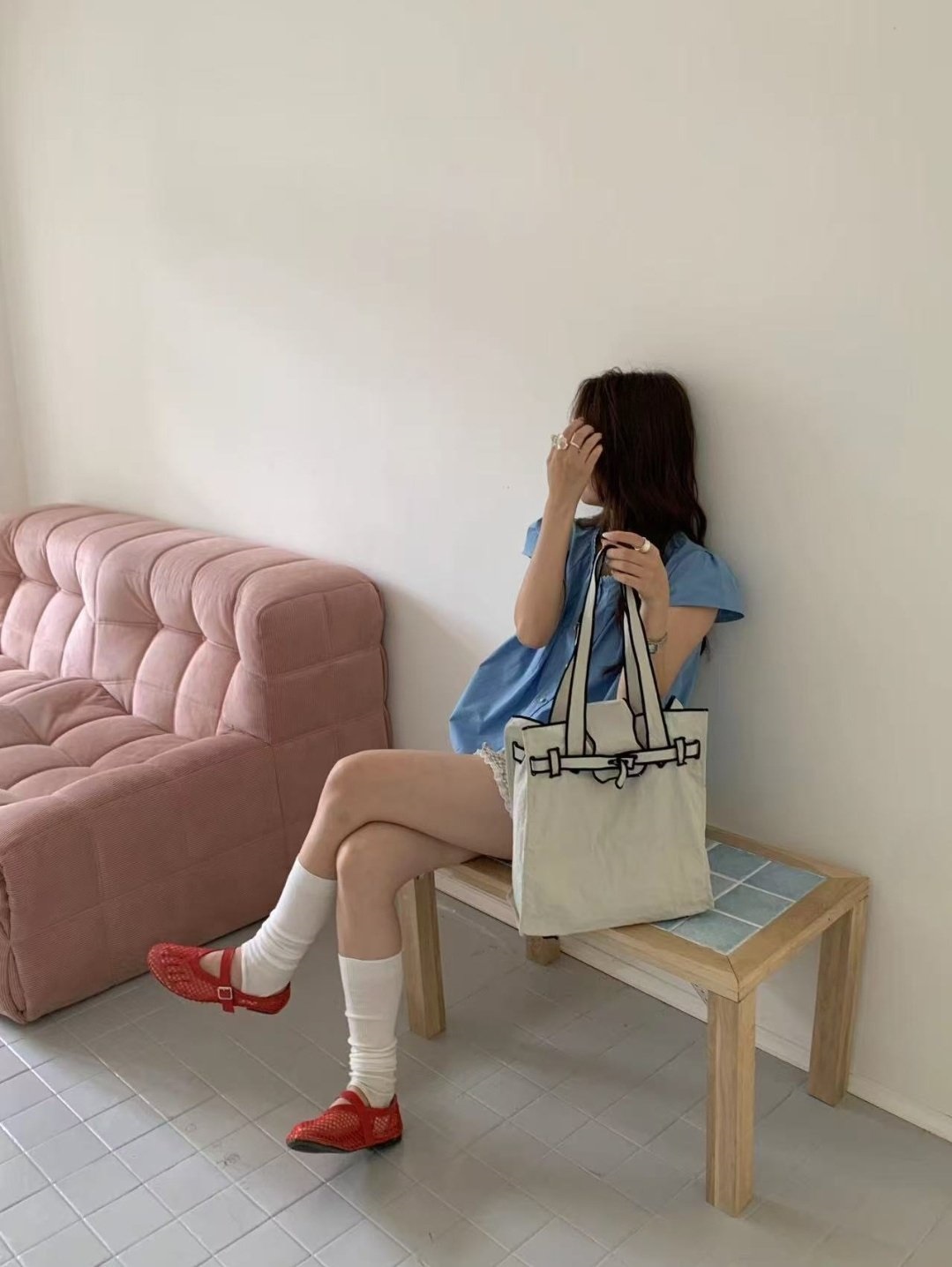 コットンストラップループ配色ライントートバッグ | 詳細画像10