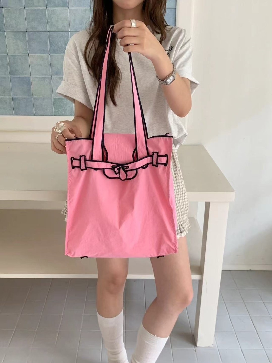 コットンストラップループ配色ライントートバッグ | 詳細画像3