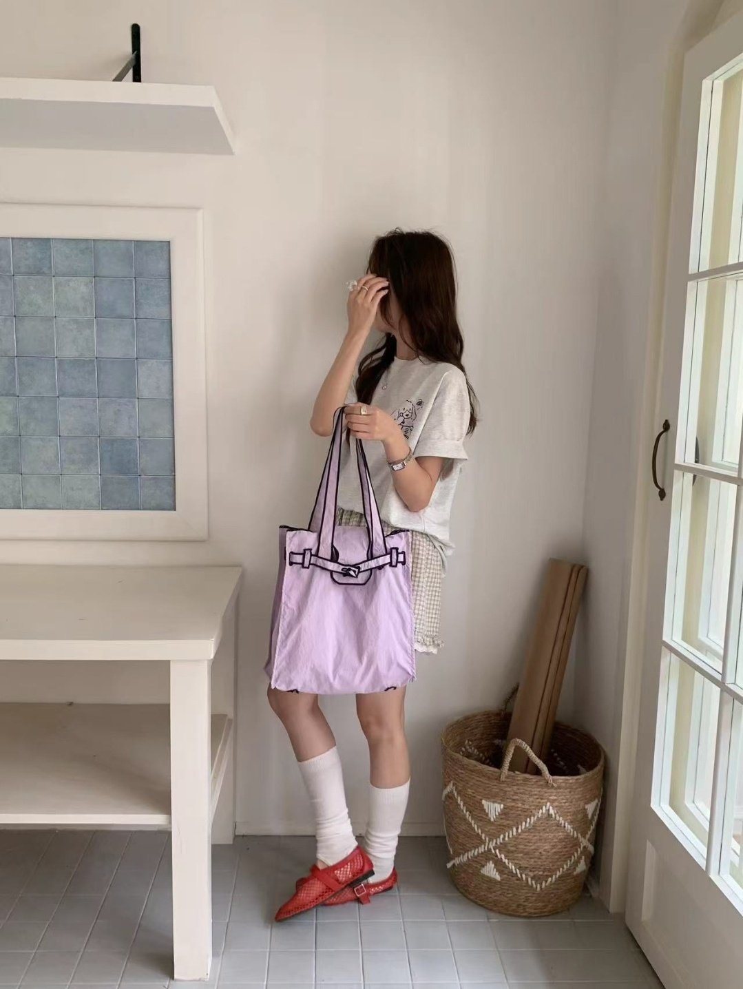 コットンストラップループ配色ライントートバッグ | 詳細画像11