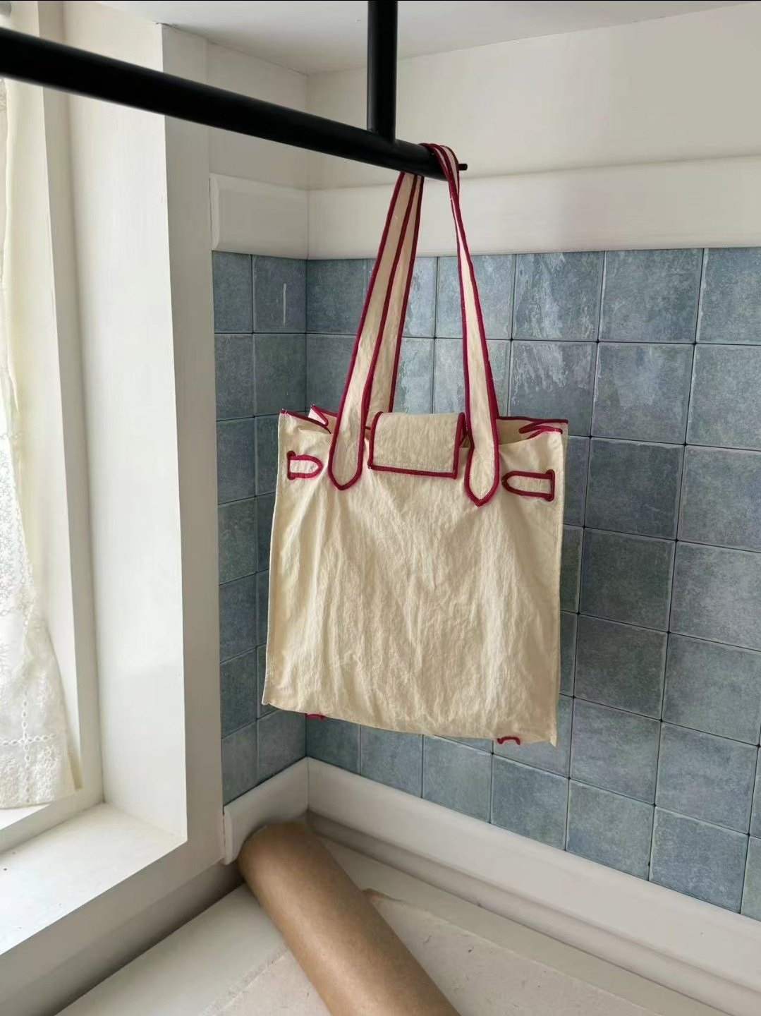 コットンストラップループ配色ライントートバッグ | 詳細画像13