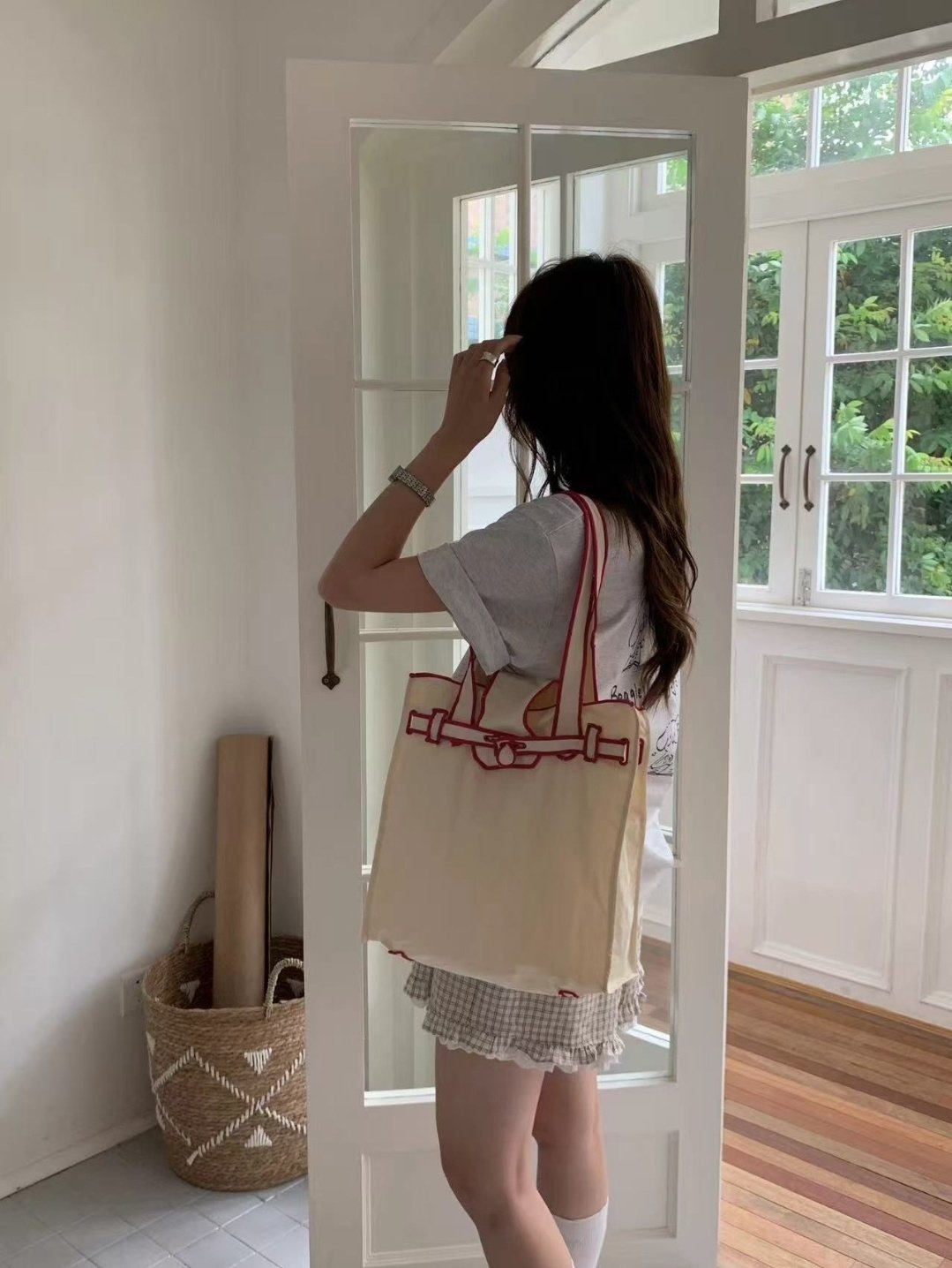 コットンストラップループ配色ライントートバッグ | 詳細画像5