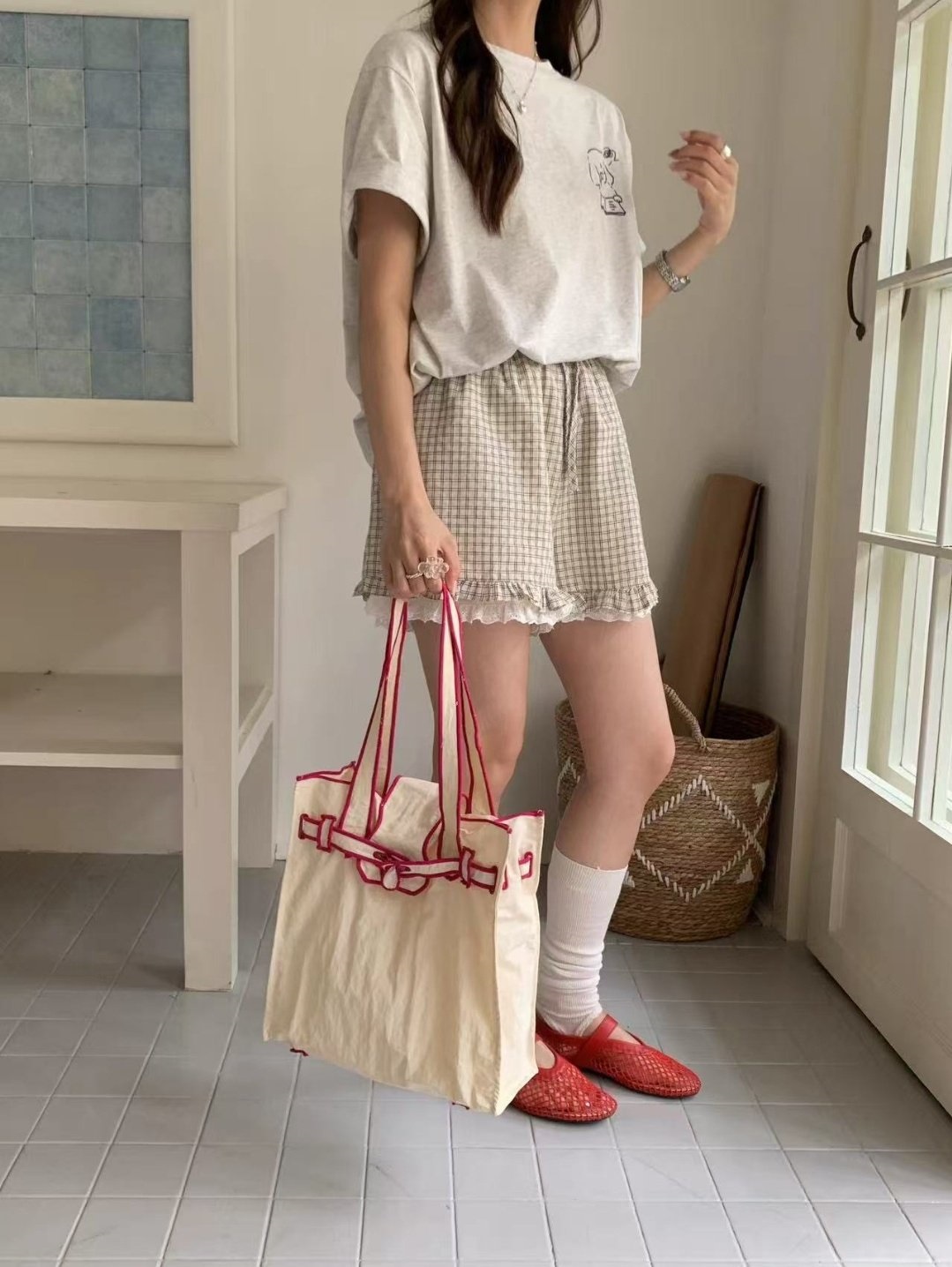 コットンストラップループ配色ライントートバッグ | 詳細画像6