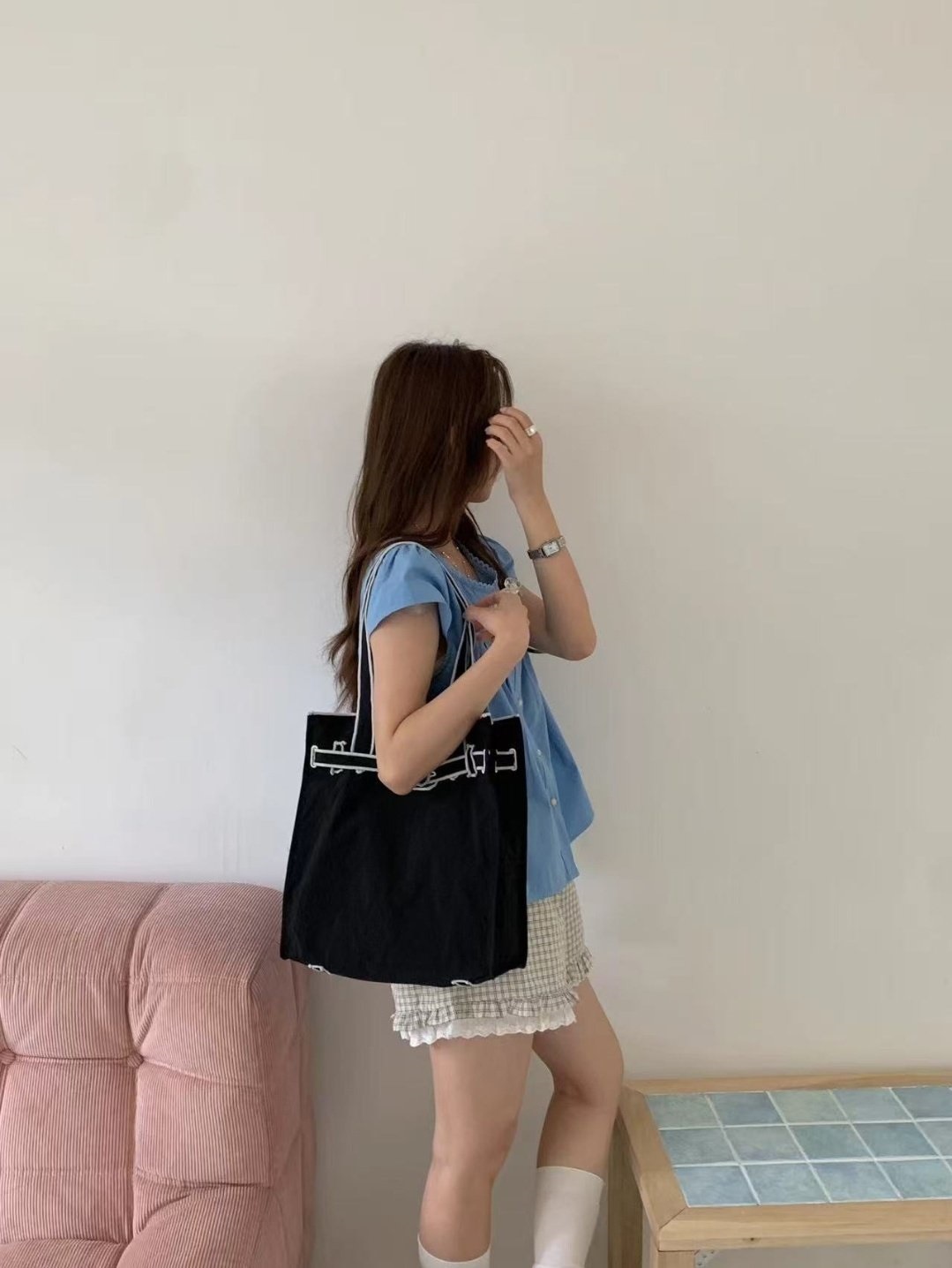 コットンストラップループ配色ライントートバッグ | 詳細画像7