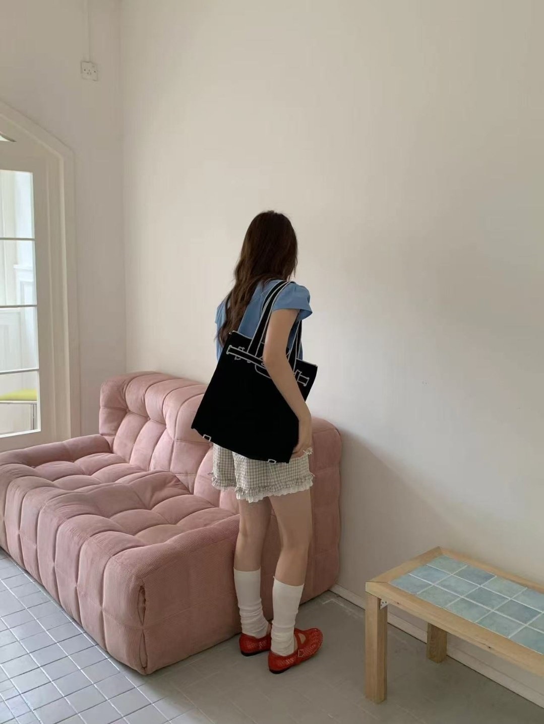 コットンストラップループ配色ライントートバッグ | 詳細画像8