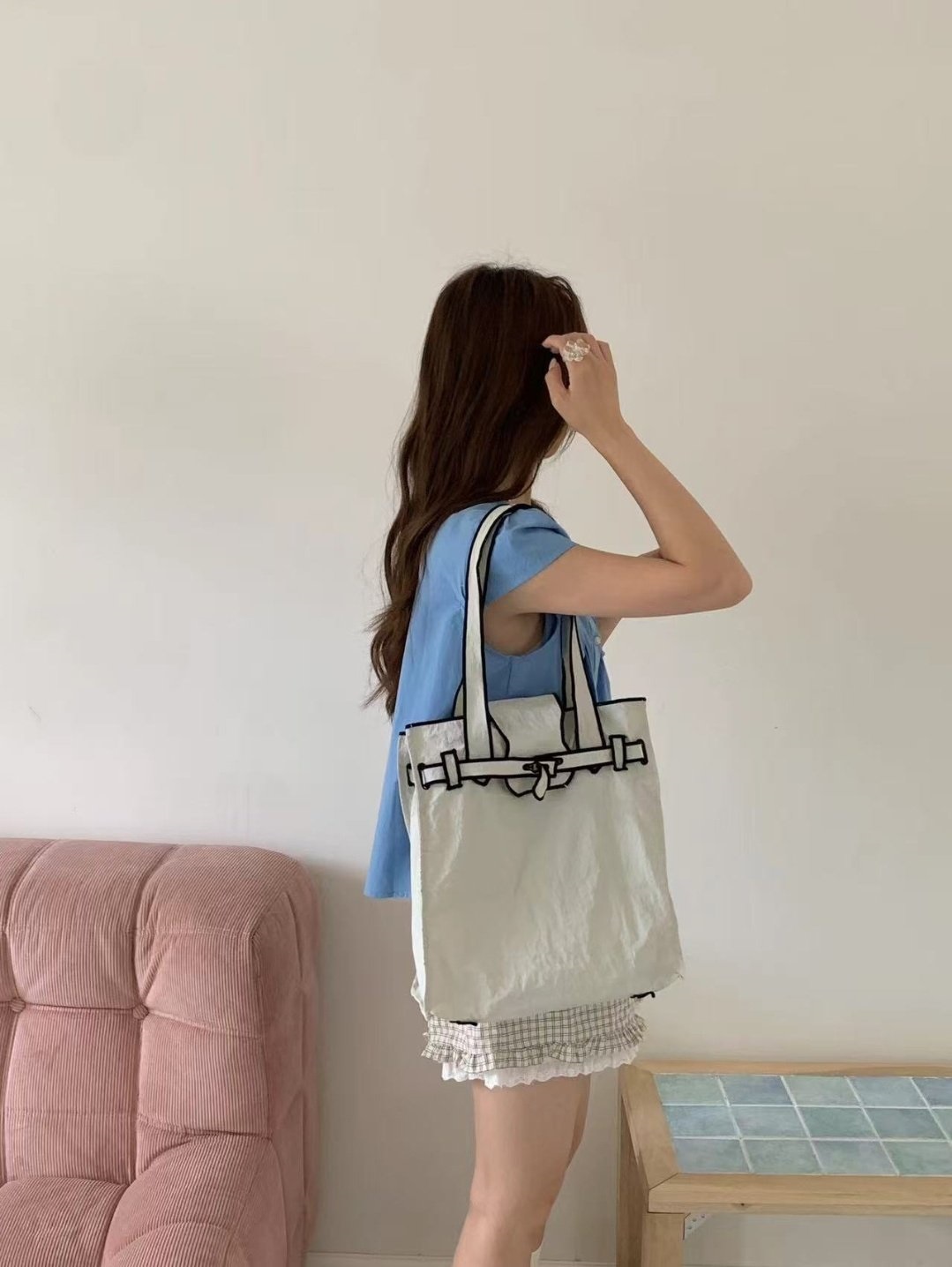 コットンストラップループ配色ライントートバッグ | 詳細画像9