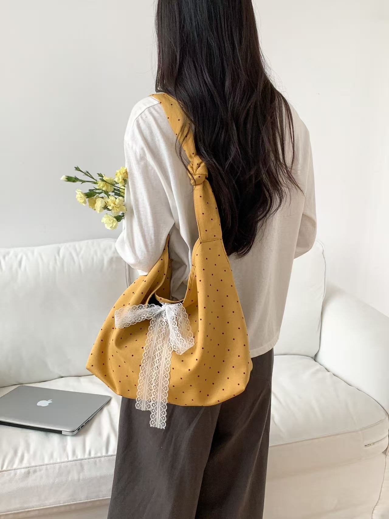 コットンリボン(固定)ノットドット配色ショルダーバッグ | 詳細画像5