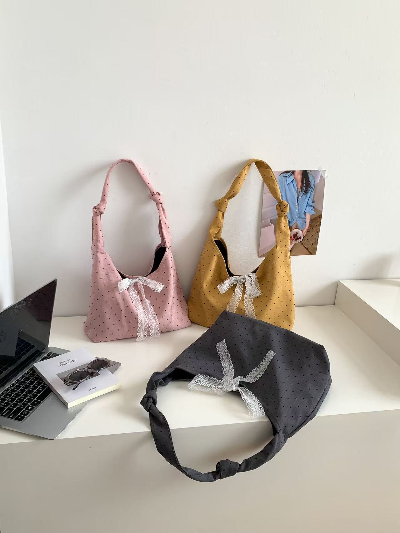 コットンリボン(固定)ノットドット配色ショルダーバッグ | 詳細画像9