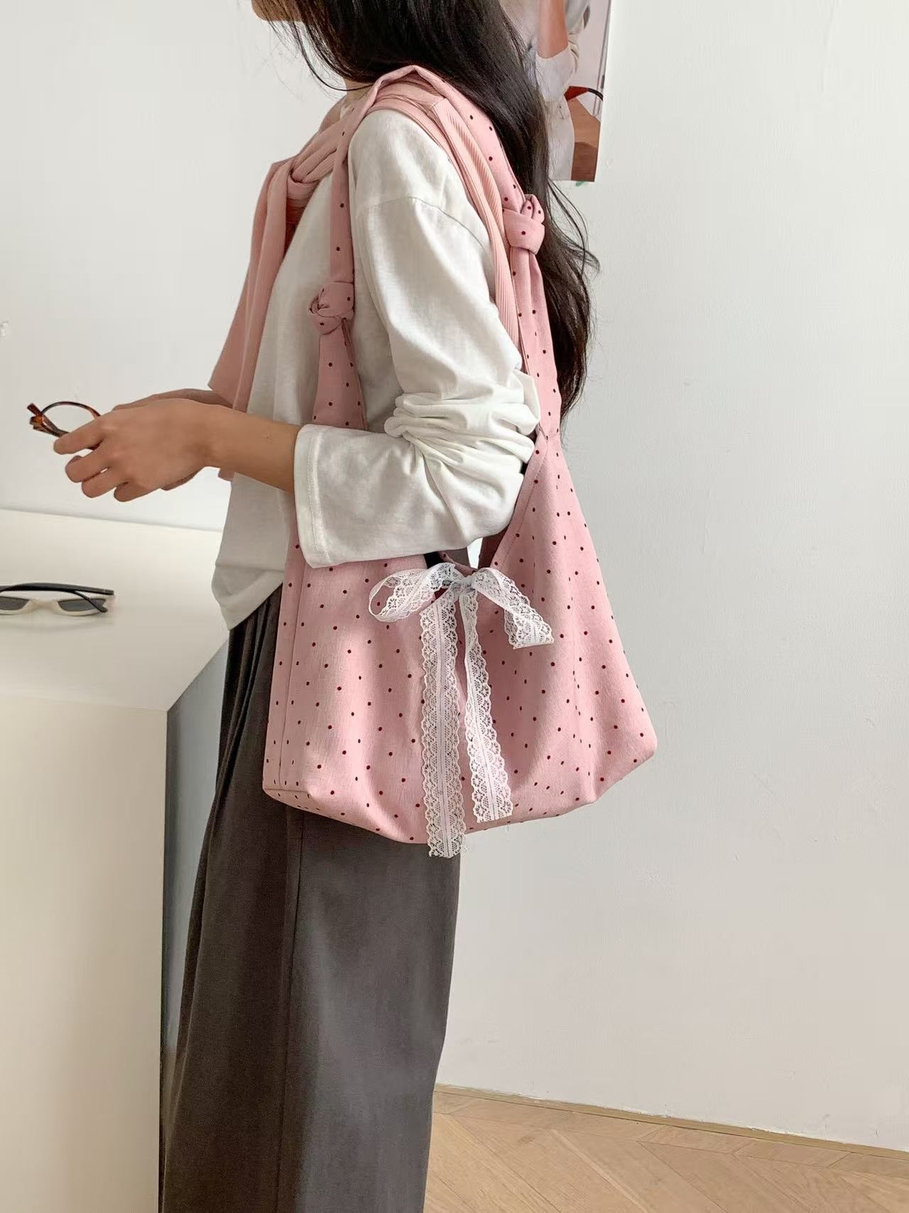 コットンリボン(固定)ノットドット配色ショルダーバッグ | 詳細画像3