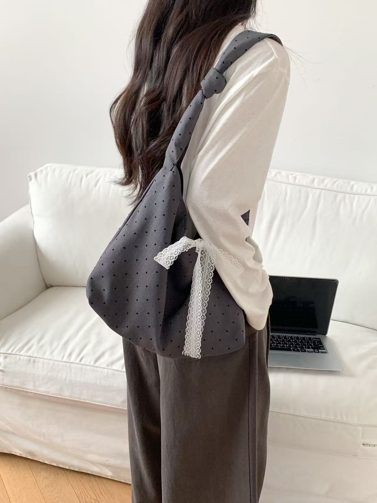 コットンリボン(固定)ノットドット配色ショルダーバッグ | 詳細画像6