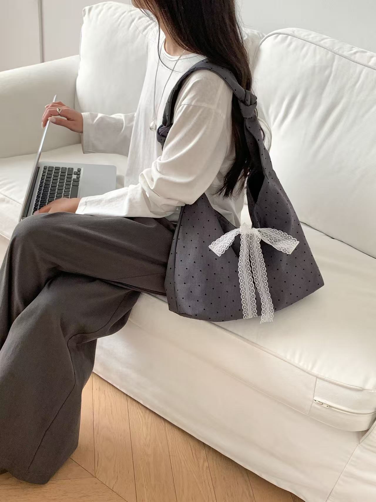 コットンリボン(固定)ノットドット配色ショルダーバッグ | 詳細画像7