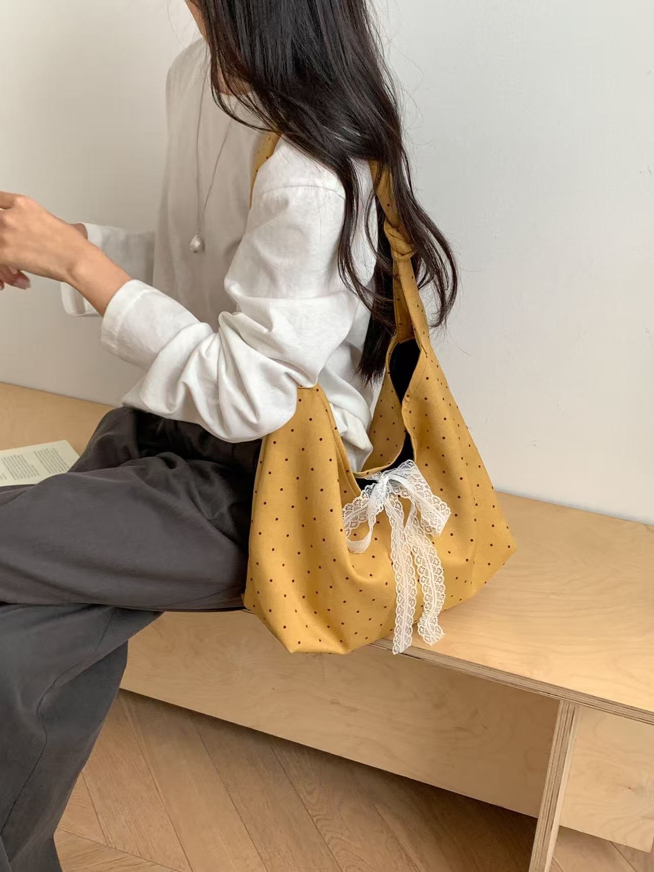 コットンリボン(固定)ノットドット配色ショルダーバッグ | 詳細画像4