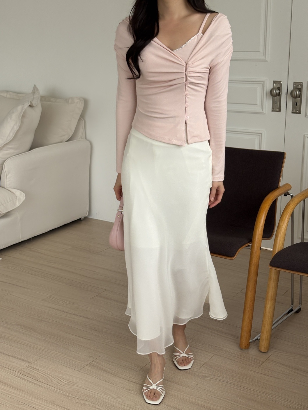 ボタンアンバランスネック長袖ギャザーカーディガンキャミソールアンサンブル | 詳細画像7