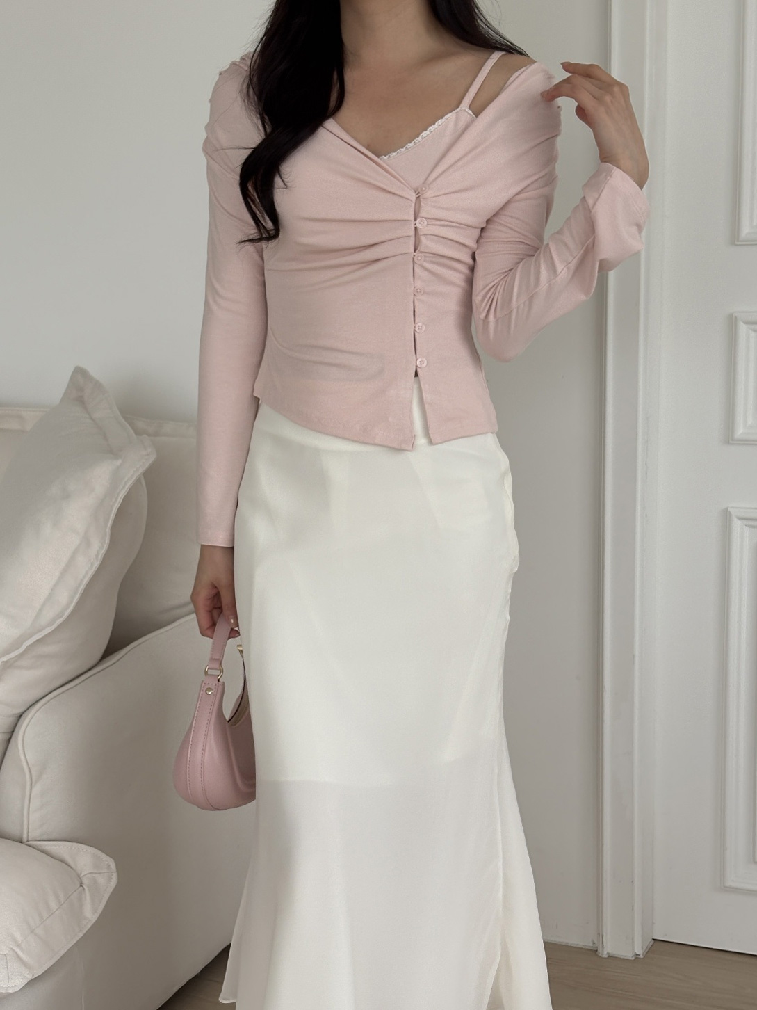 ボタンアンバランスネック長袖ギャザーカーディガンキャミソールアンサンブル | 詳細画像10