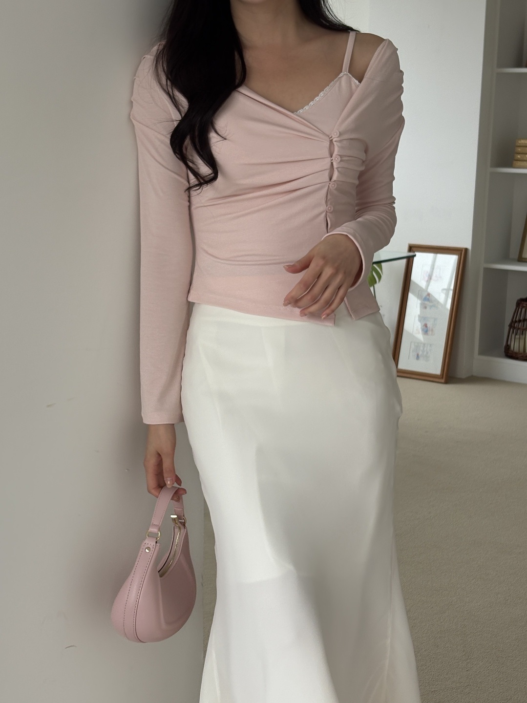 ボタンアンバランスネック長袖ギャザーカーディガンキャミソールアンサンブル | 詳細画像12