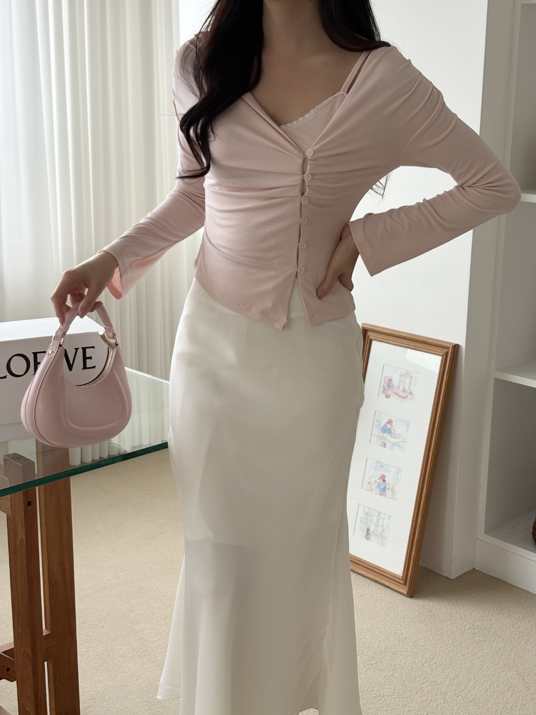 ボタンアンバランスネック長袖ギャザーカーディガンキャミソールアンサンブル | 詳細画像14