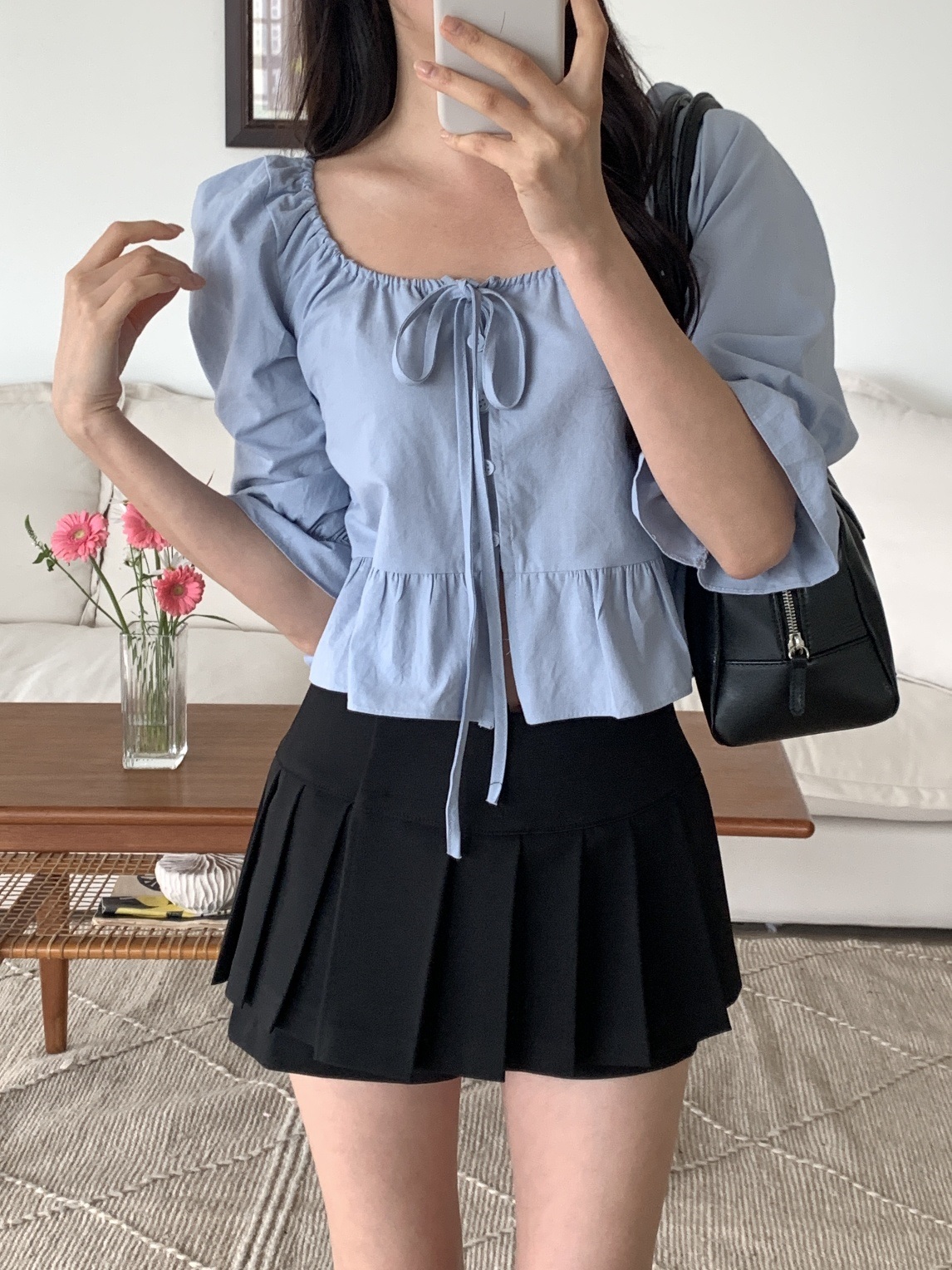 コットンボタンフリルクロップド7分袖リボンブラウス | 詳細画像6