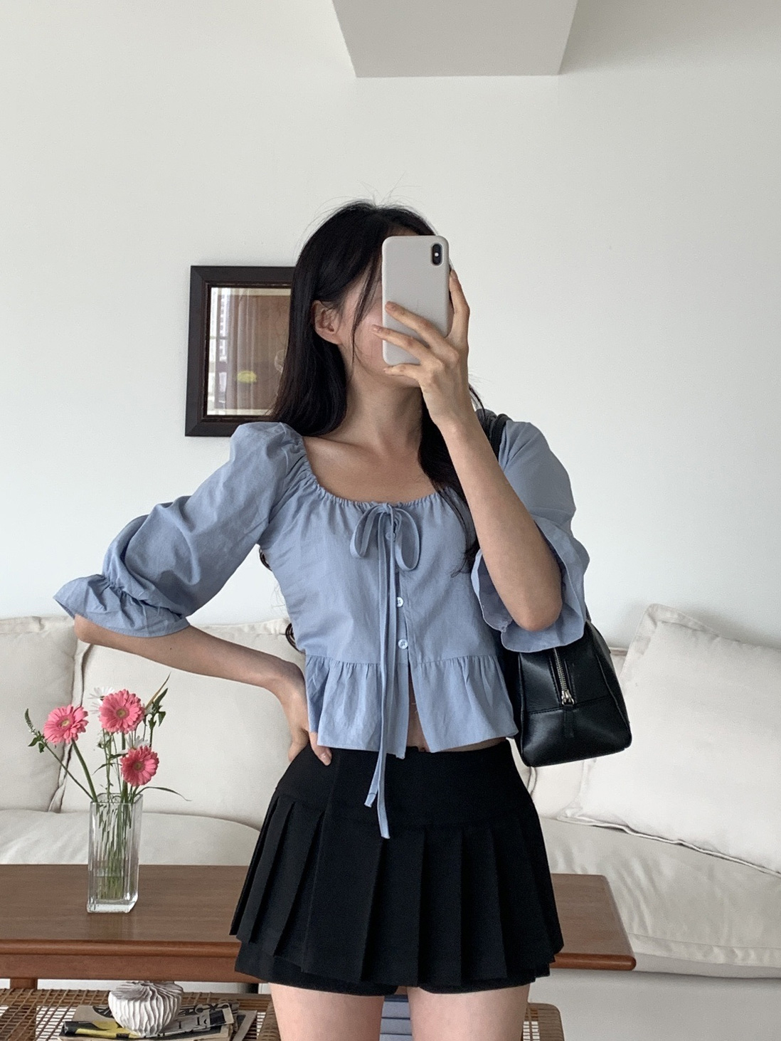 コットンボタンフリルクロップド7分袖リボンブラウス | 詳細画像7