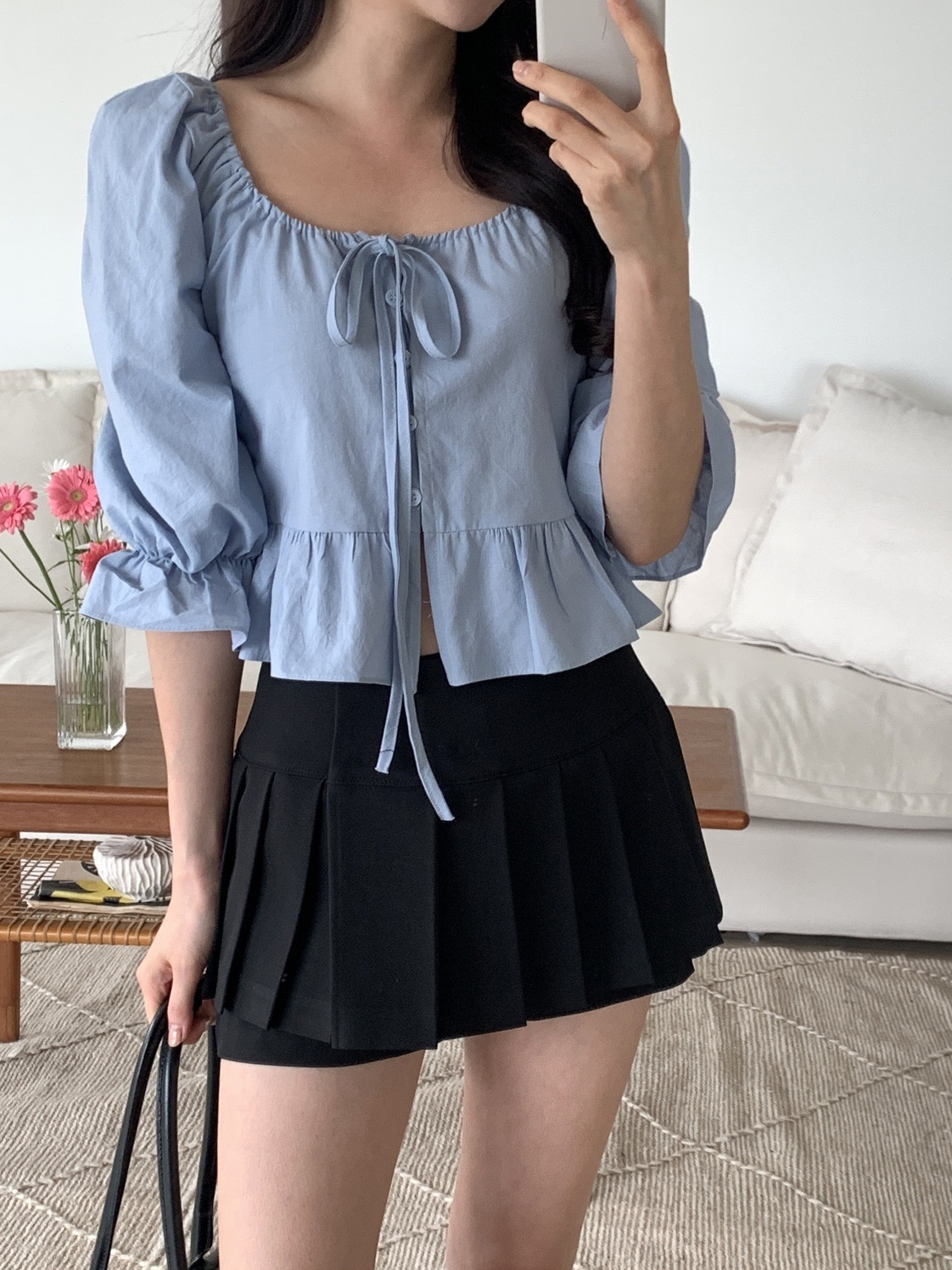 コットンボタンフリルクロップド7分袖リボンブラウス | 詳細画像8