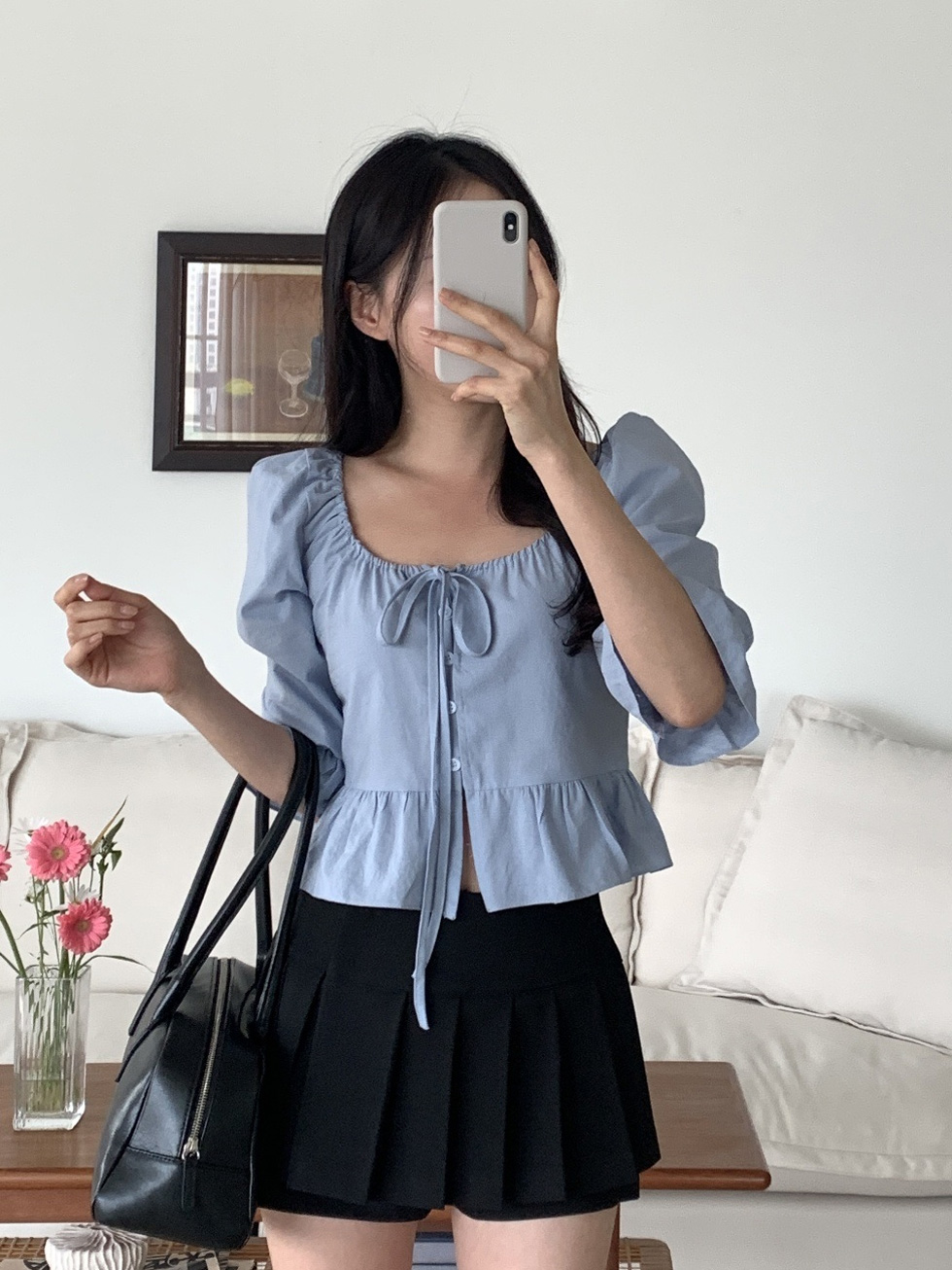 コットンボタンフリルクロップド7分袖リボンブラウス | 詳細画像9