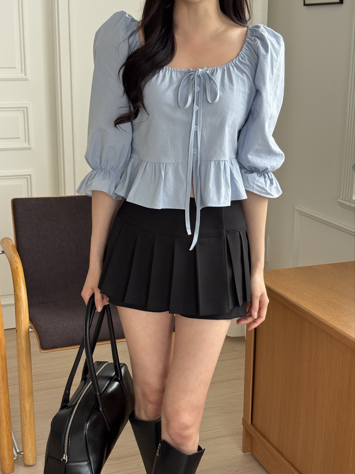 コットンボタンフリルクロップド7分袖リボンブラウス | 詳細画像14