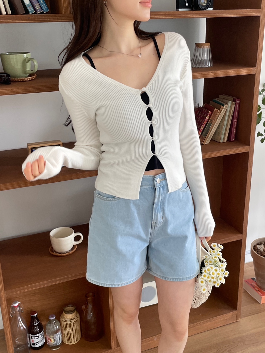 リブボタンVネックスリムカーディガン | 詳細画像7