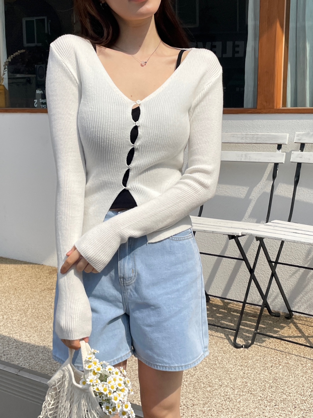 リブボタンVネックスリムカーディガン | 詳細画像3