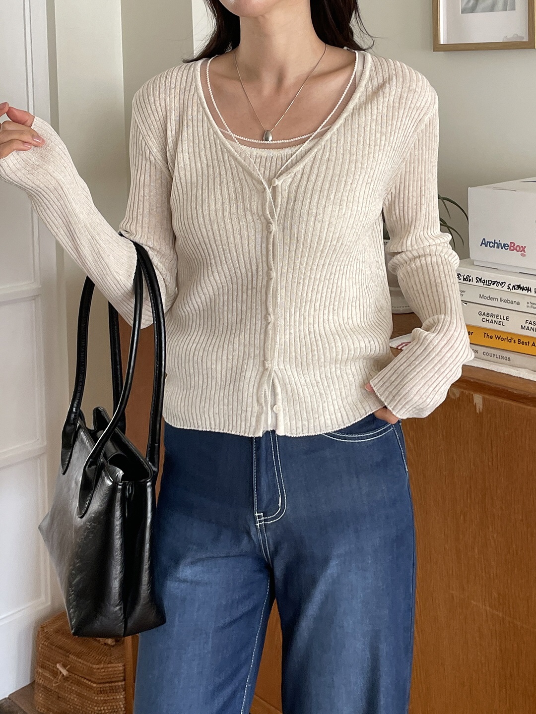 リブリネン混Vネックカーディガン | 詳細画像6