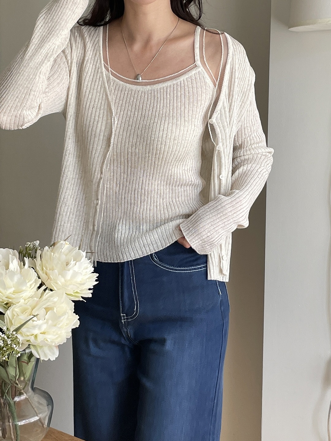 リブリネン混Vネックカーディガン | 詳細画像2