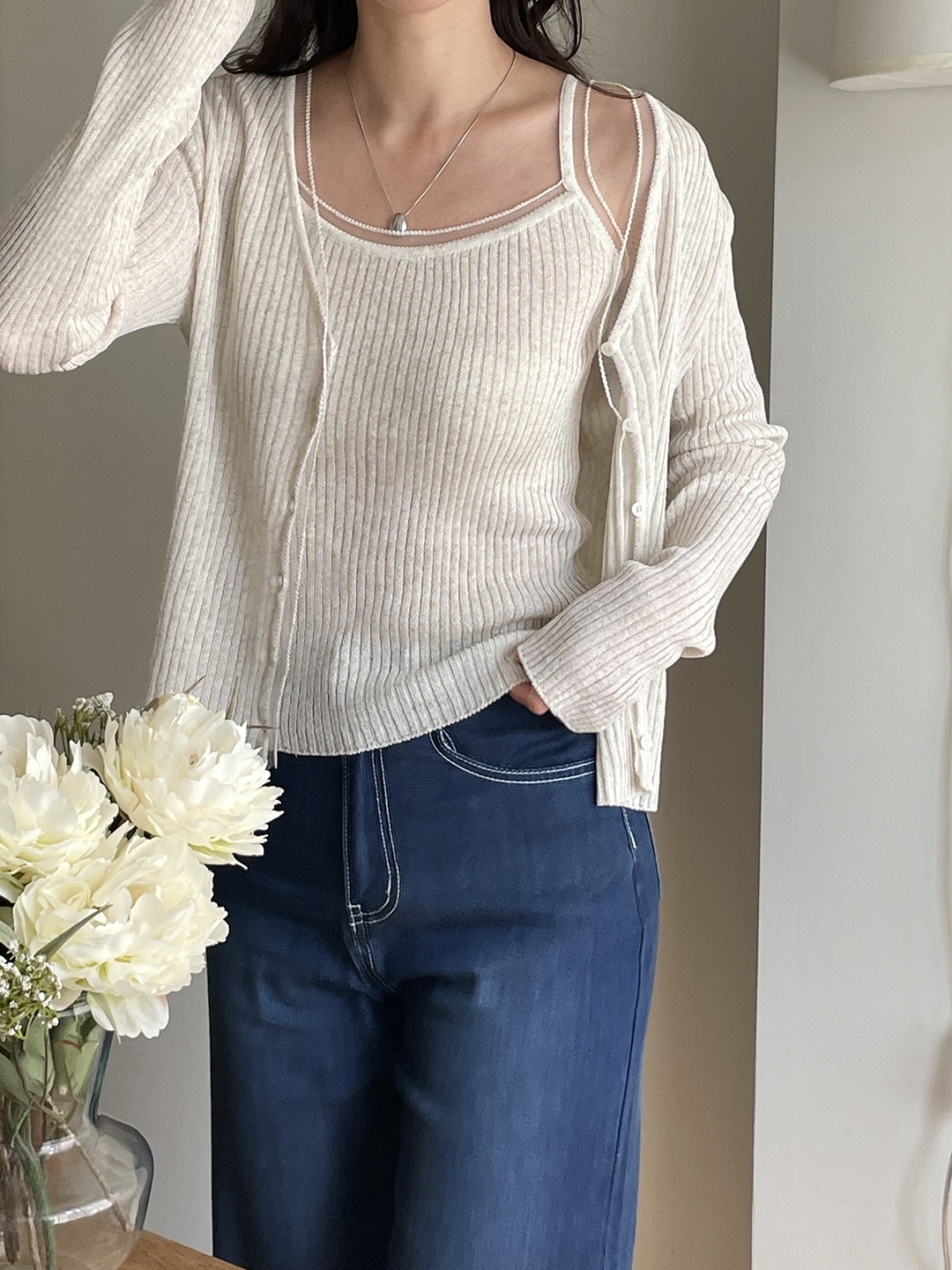 リブリネン混Vネックカーディガンキャミソールアンサンブル | 詳細画像4