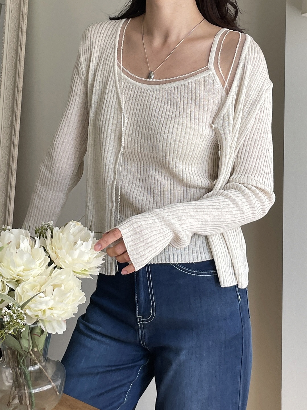 リブリネン混Vネックカーディガンキャミソールアンサンブル | 詳細画像5