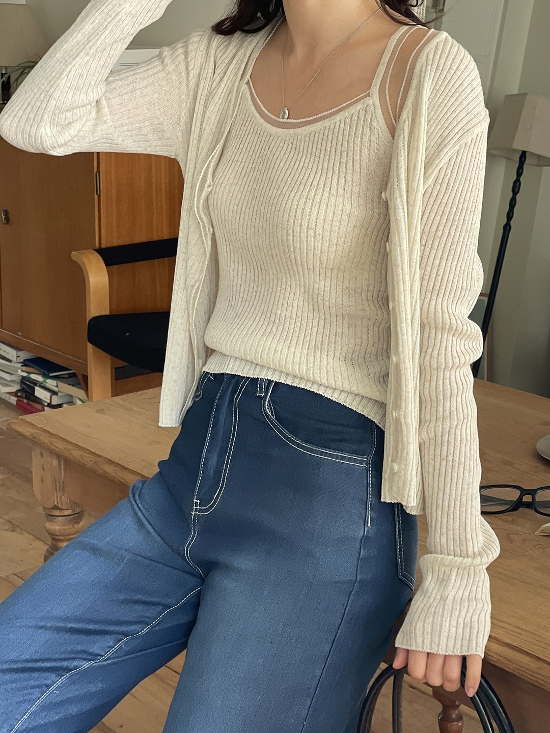 リブリネン混Vネックカーディガンキャミソールアンサンブル | 詳細画像11