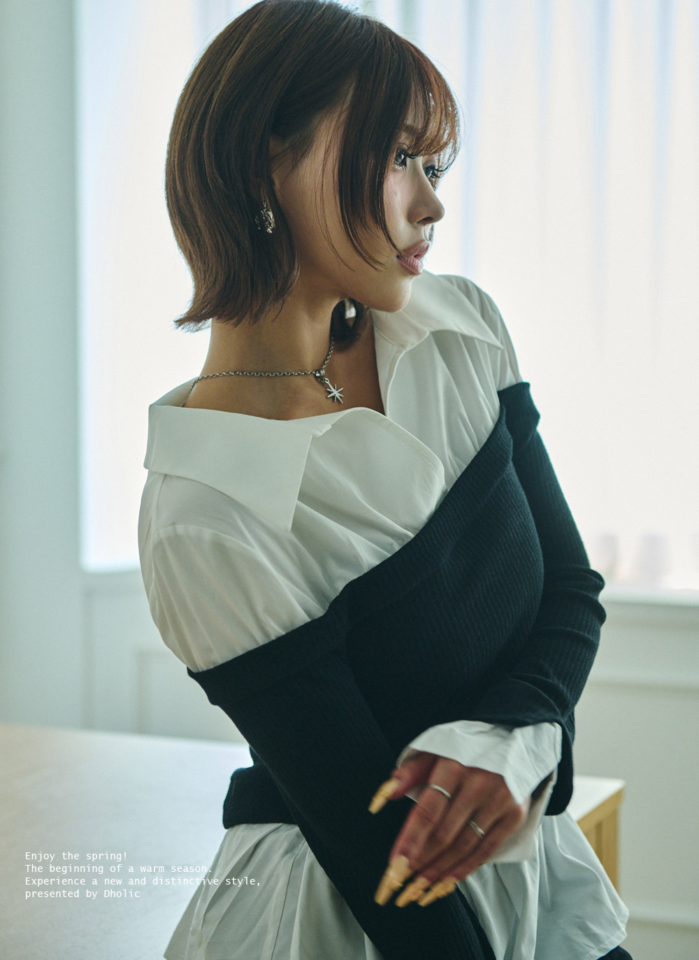 コンビオフショルダーアンバランスネックレイヤード風ブラウス | DHOLIC | 詳細画像10