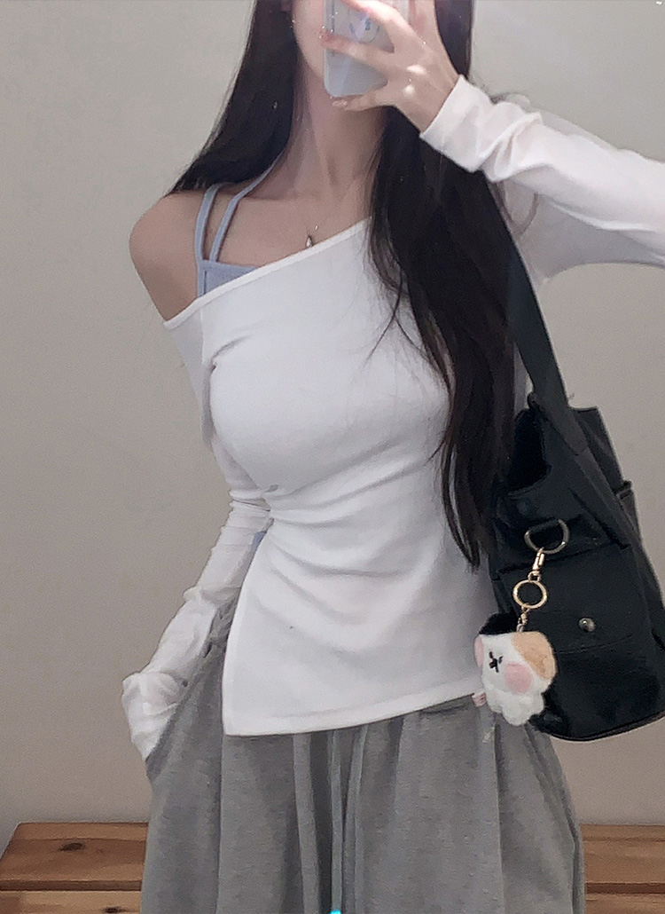 オフショルダーベーシックスリムスリット長袖ワンショルダーTシャツ
