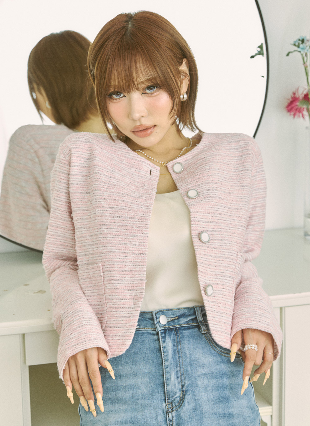 ツイードボタンラウンドネックジャケット | DHOLIC | 詳細画像5