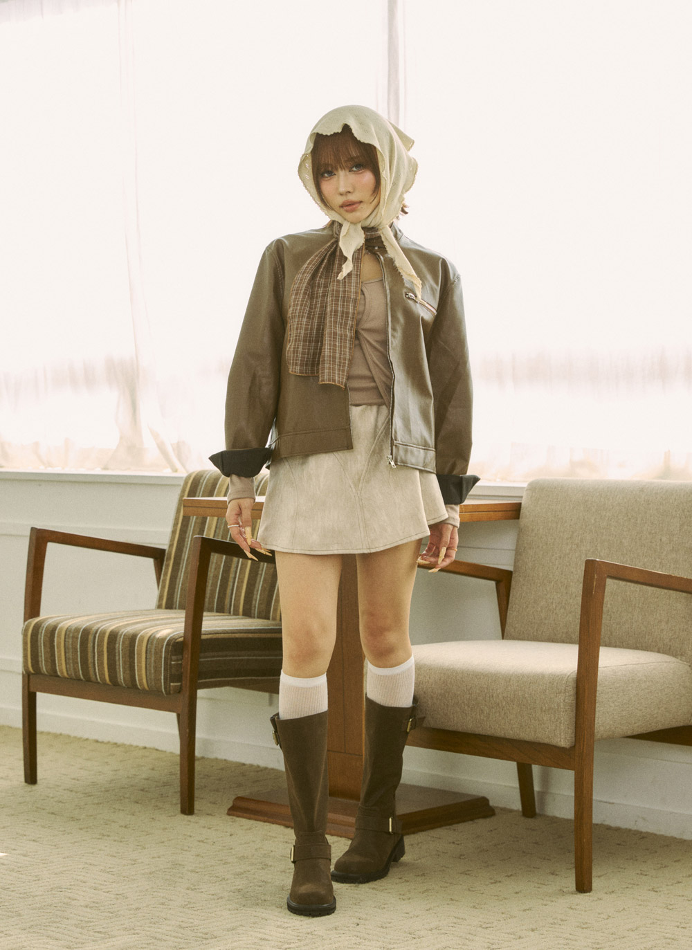 レザー調ジップアップラウンドネックライダースジャンパー | DHOLIC | 詳細画像7